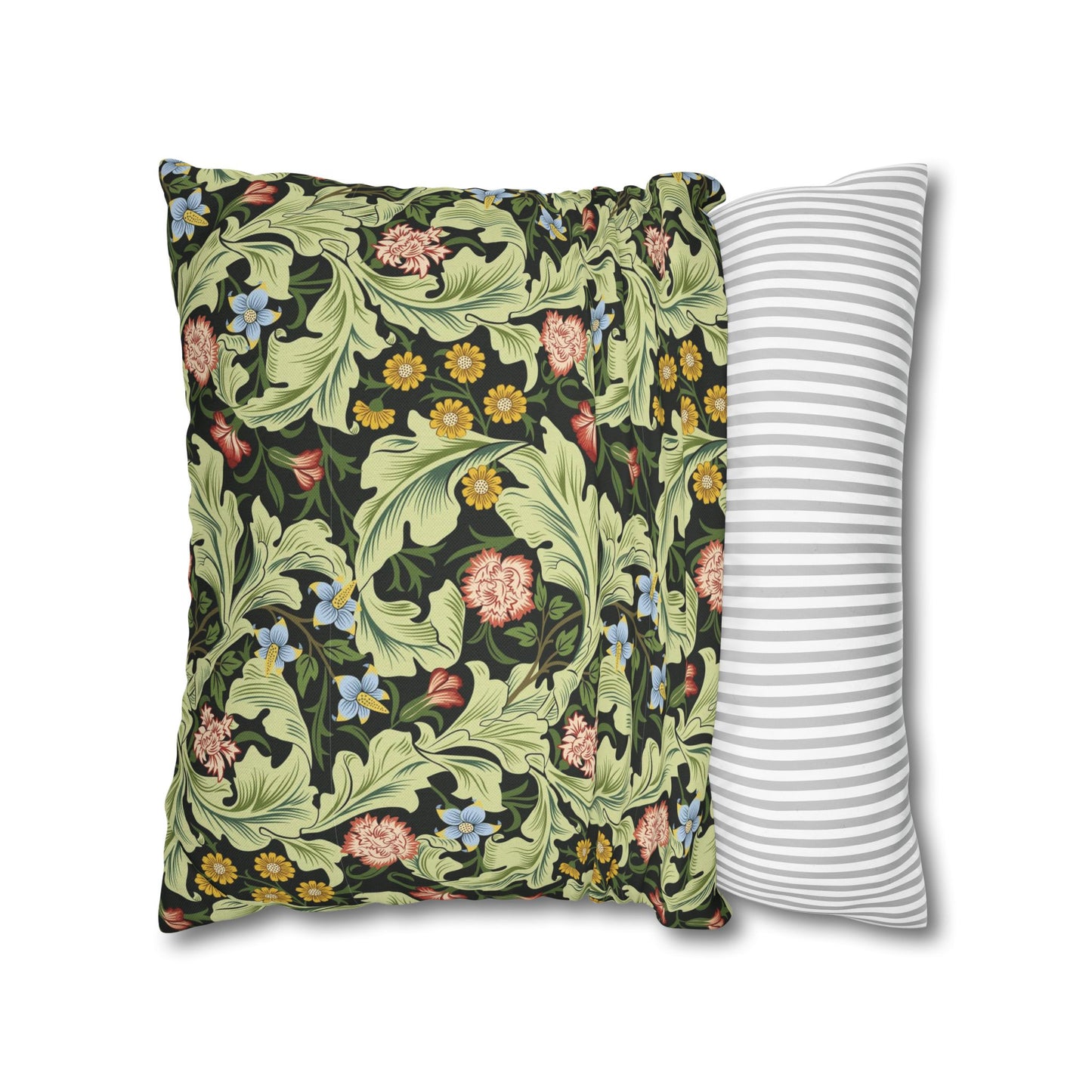 Two pillows, one with a floral pattern and the other with a striped pattern, on a white background - William Morris Leicester