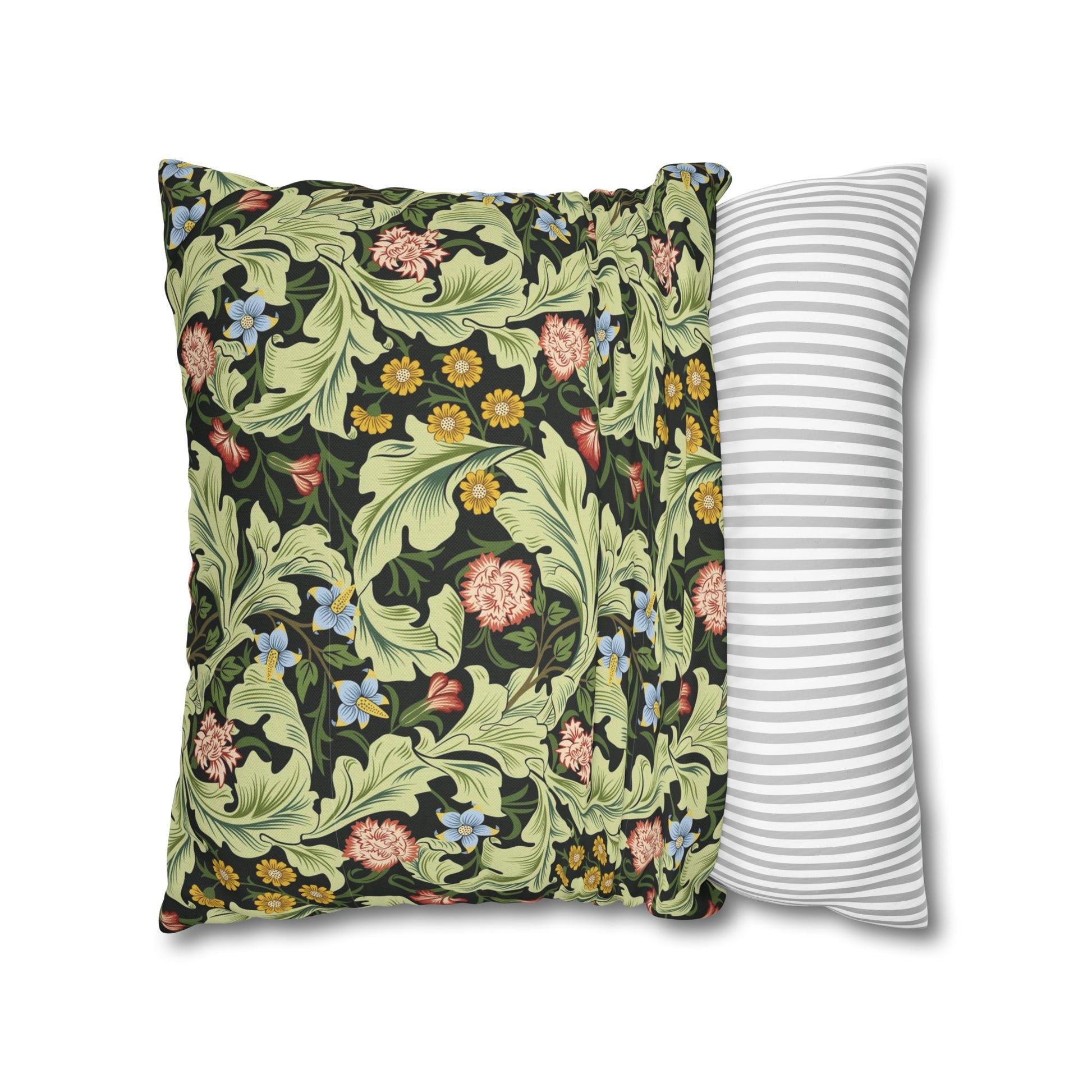 Floral-patterned pillow and a striped pillow on a white background - William Morris Leicester
