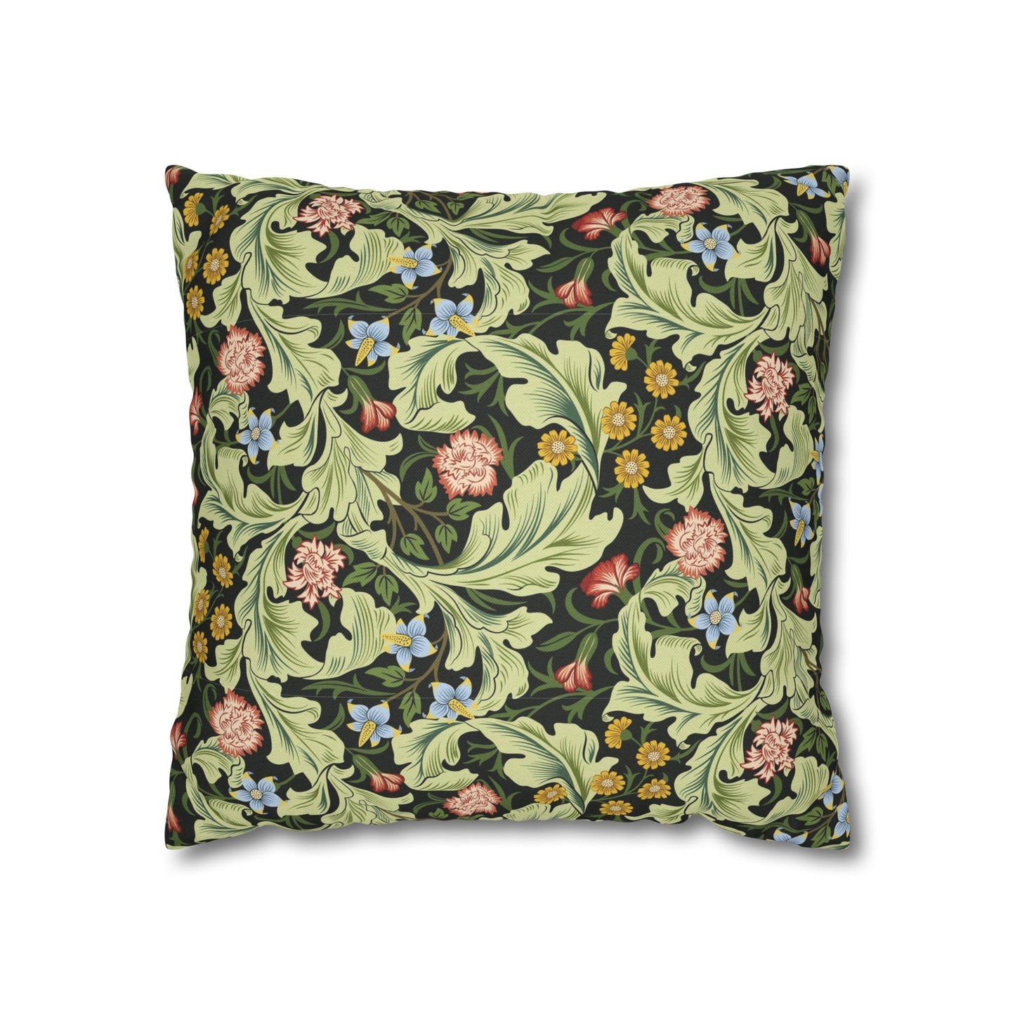 Floral patterned pillow with green leaves and pink flowers on a black background - William Morris Leicester