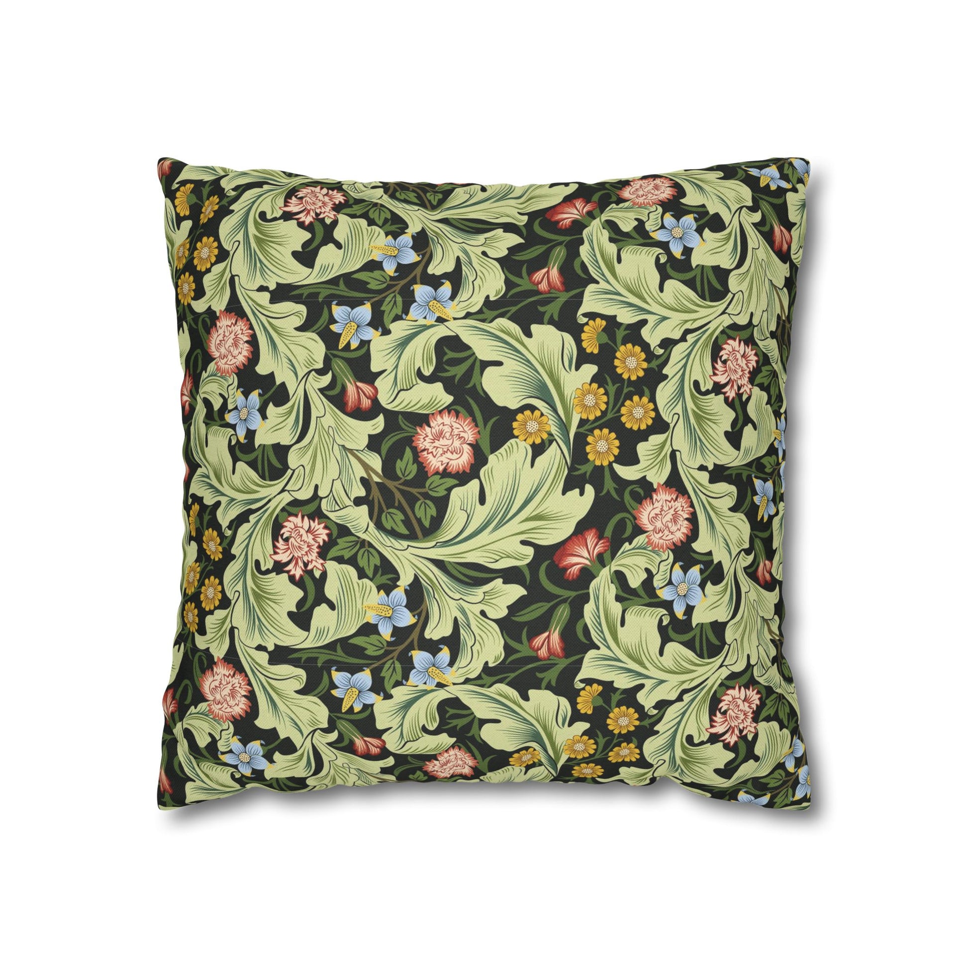 Floral patterned pillow with green leaves and pink flowers on a black background - William Morris Leicester