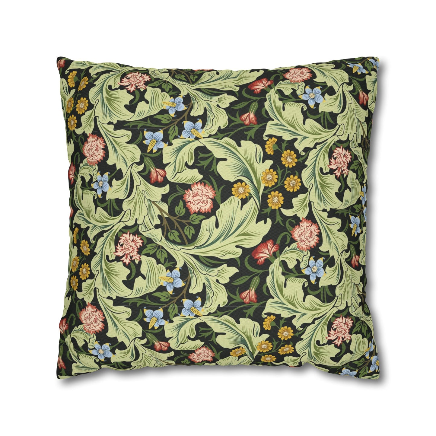 Decorative pillow with floral and leaf pattern on a white background - William Morris Leicester 