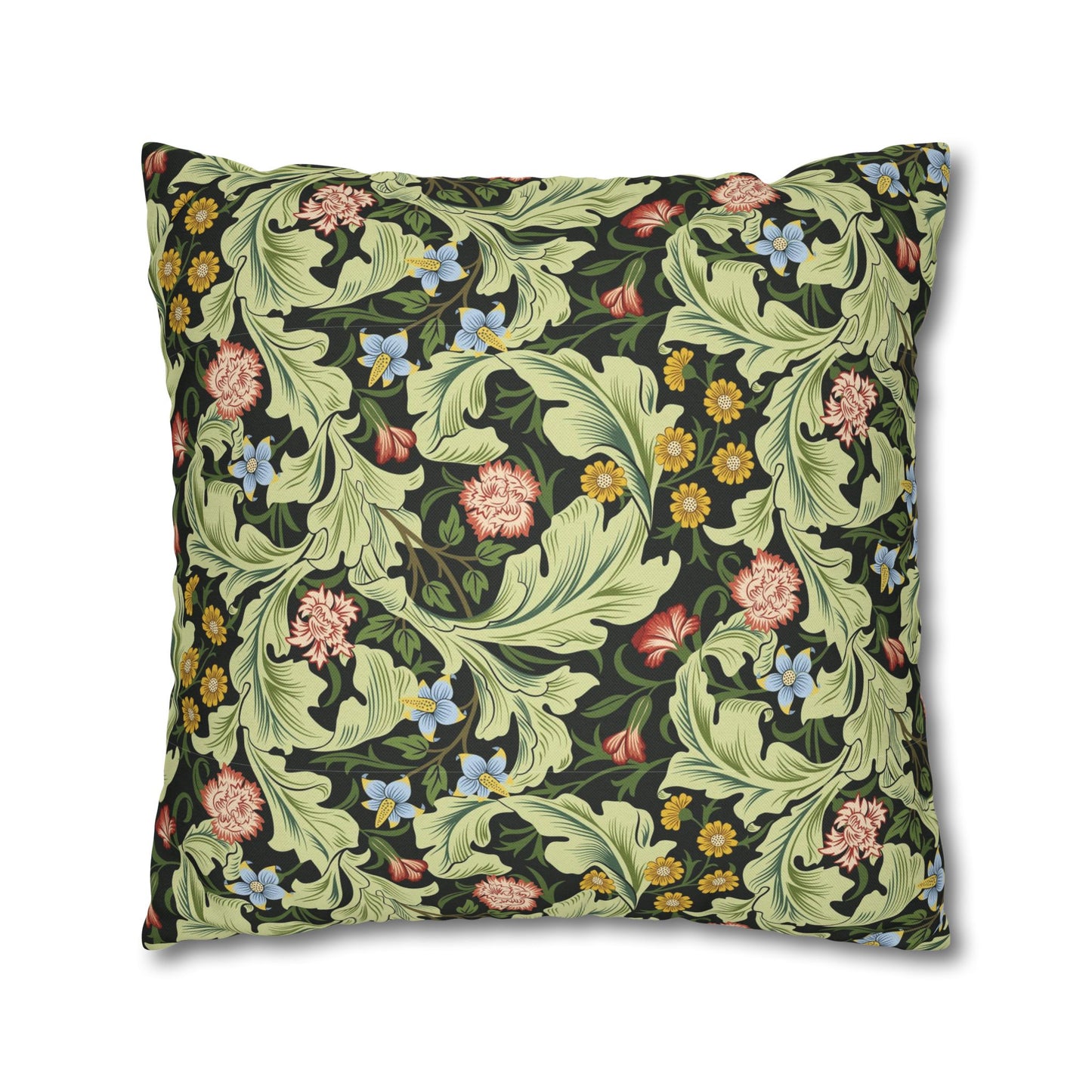 Floral patterned pillow with green leaves and colorful flowers on a white background - William Morris Leicester