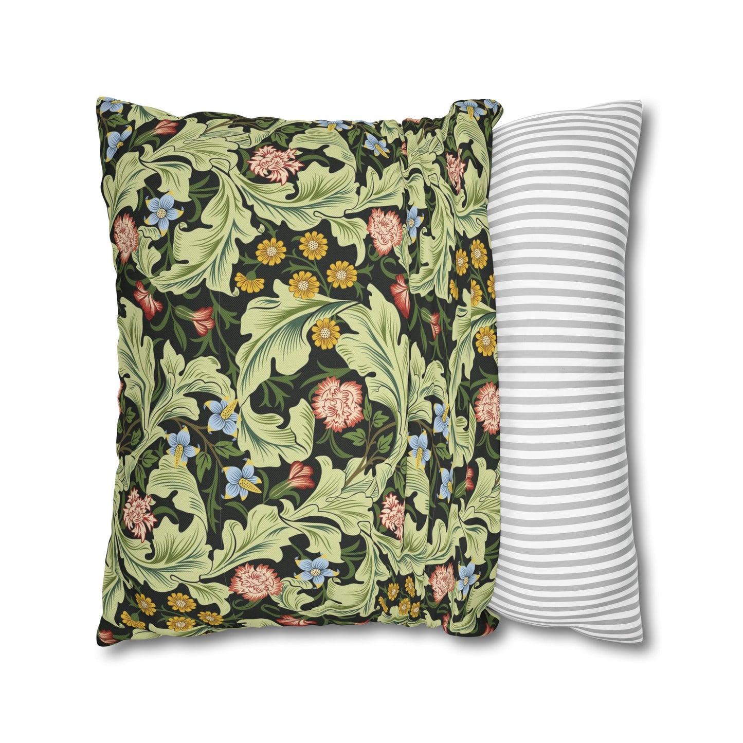Two pillows, one with floral pattern and one with stripes, on a white background - William Morris Leicester