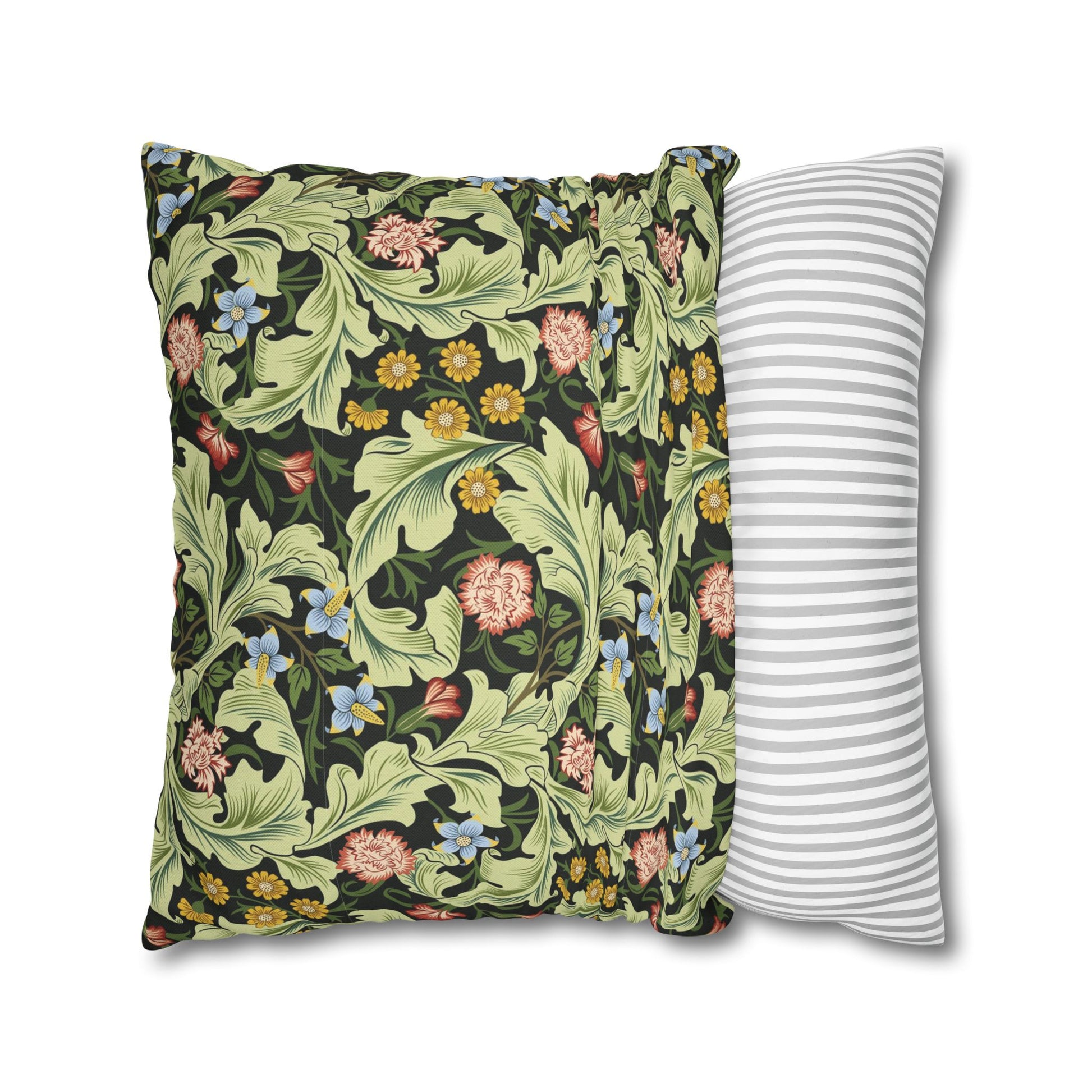 Two pillows, one with floral pattern and one with stripes, on a white background - William Morris Leicester