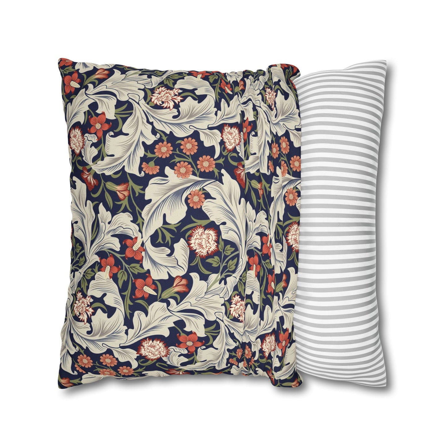 Floral-patterned pillow and a striped pillow on a white background
