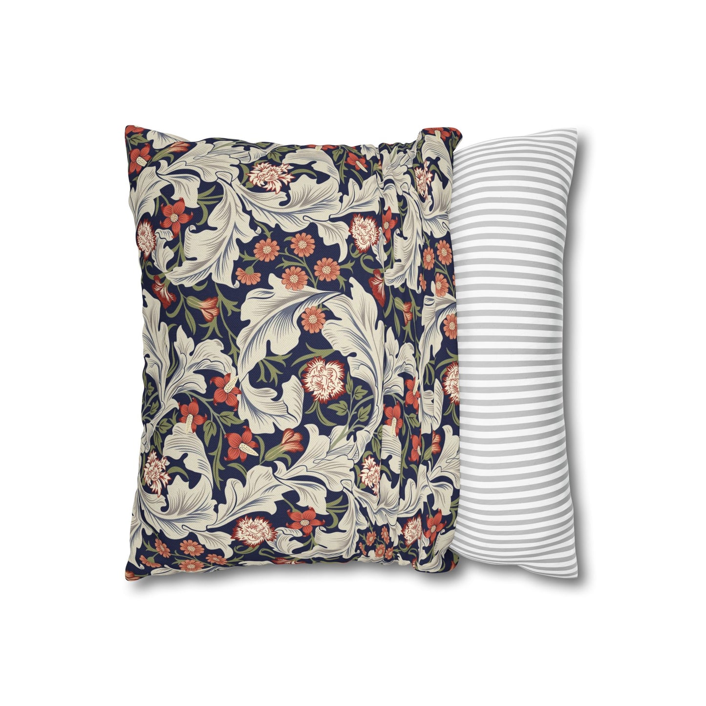 Floral-patterned pillow and a striped pillow on a white background