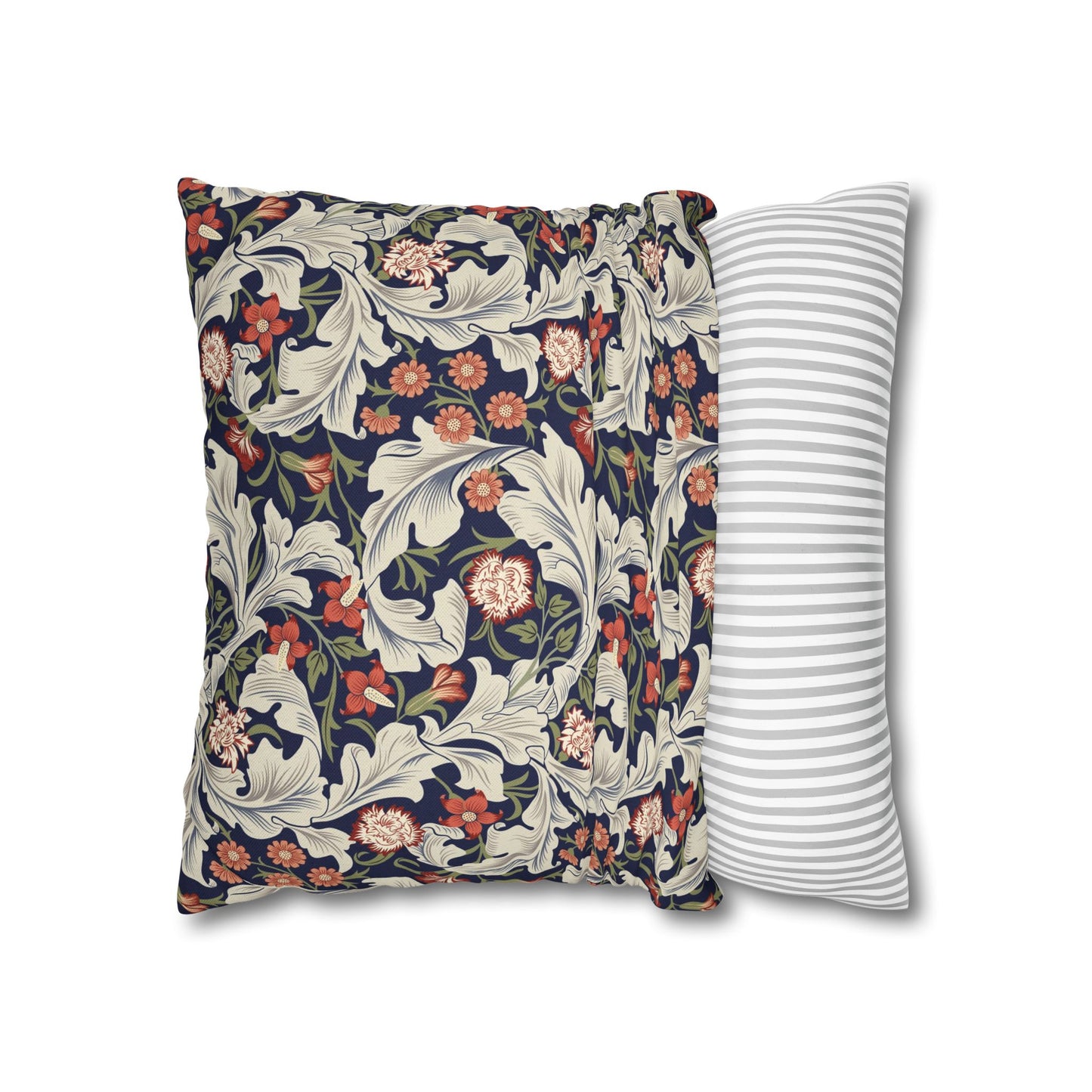 Floral-patterned pillow and a striped pillow on a white background