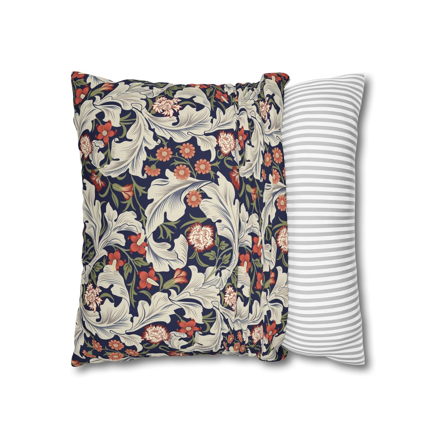 Floral-patterned pillow and a striped pillow on a white background