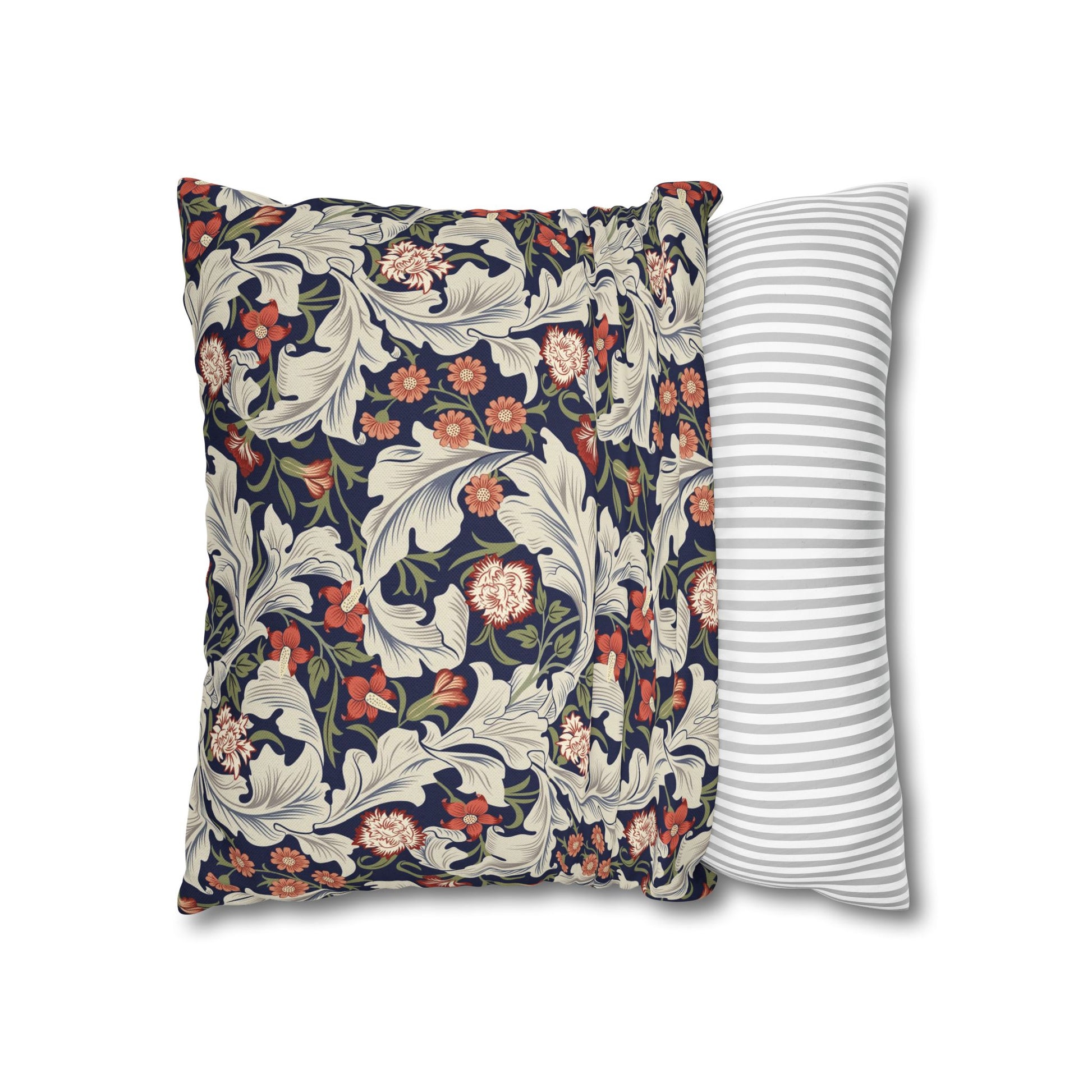 Floral-patterned pillow and a striped pillow on a white background