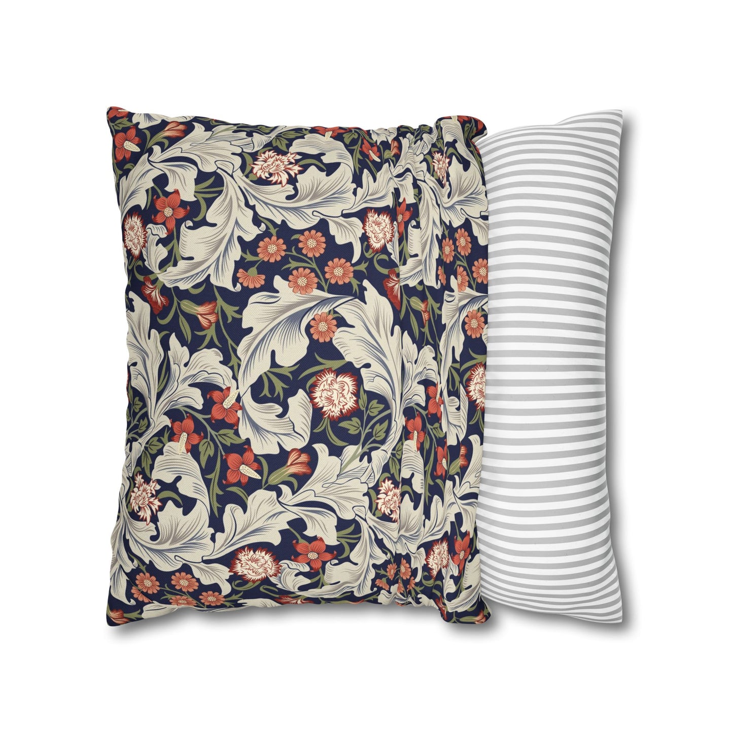 Floral-patterned pillow and a striped pillow on a white background