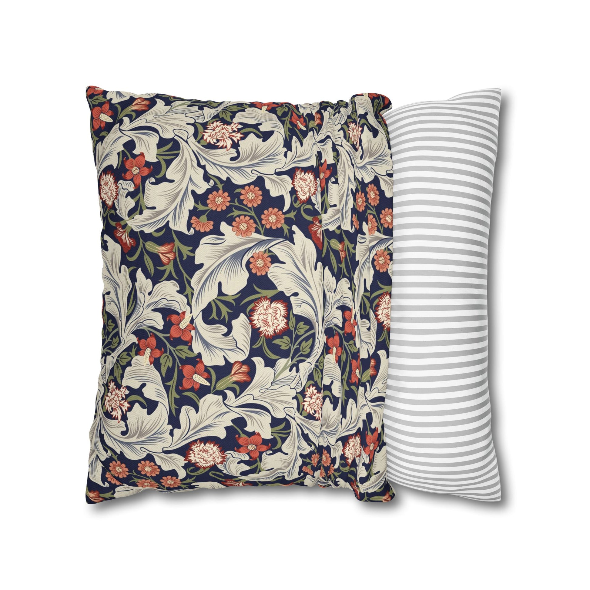 Floral-patterned pillow and a striped pillow on a white background