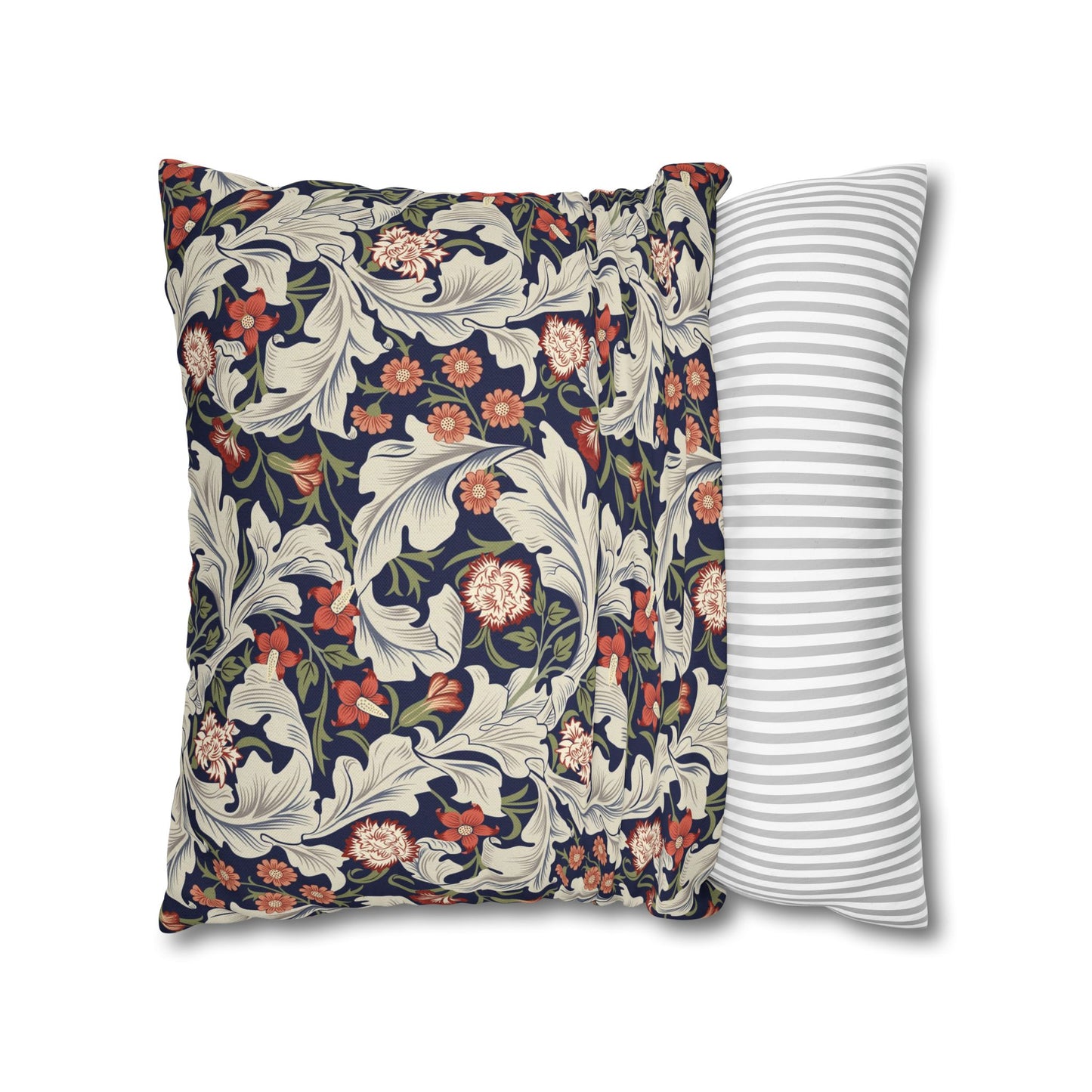 Floral-patterned pillow and a striped pillow on a white background