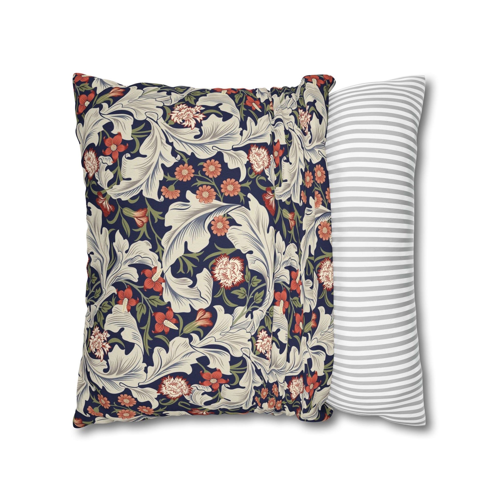 Floral-patterned pillow and a striped pillow on a white background