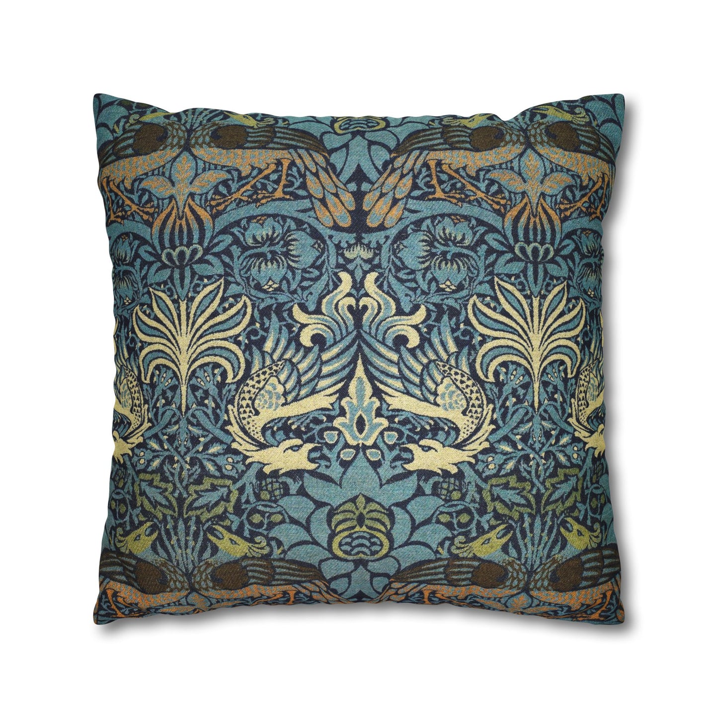 Decorative pillow with intricate blue and gold pattern on a white background