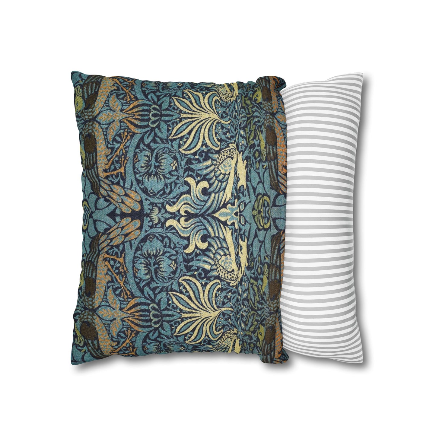 Two pillows, one with a floral pattern and the other with a striped pattern, on a white background.
