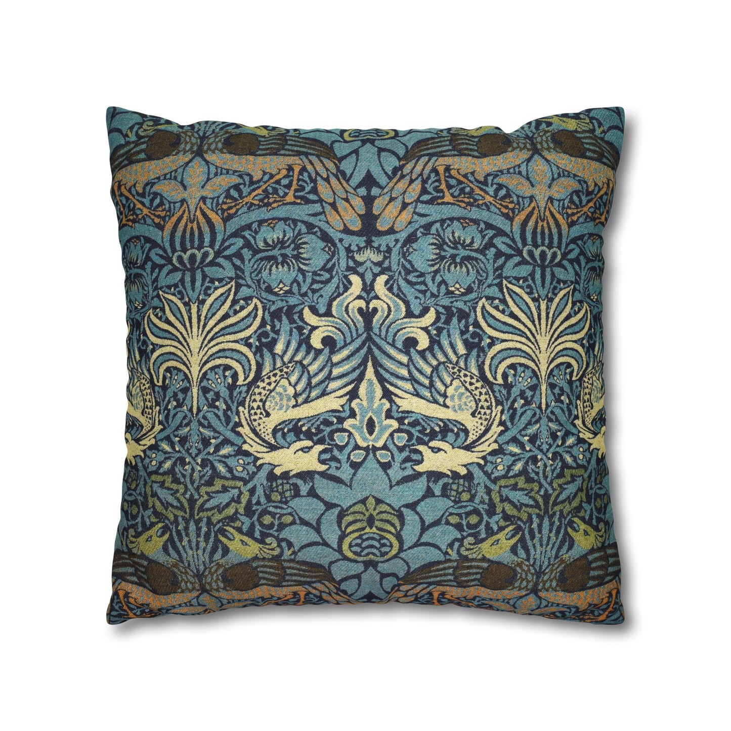 Decorative pillow with a blue and gold pattern on a white background
