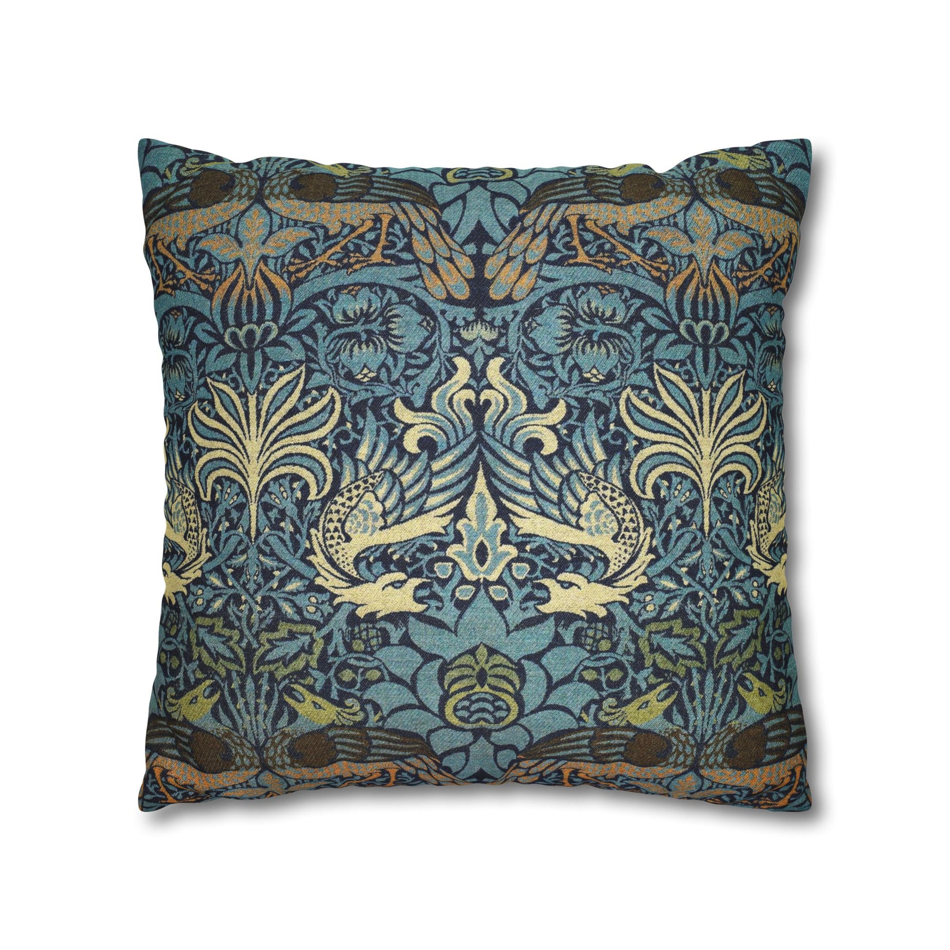 Decorative pillow with a blue and gold pattern on a white background