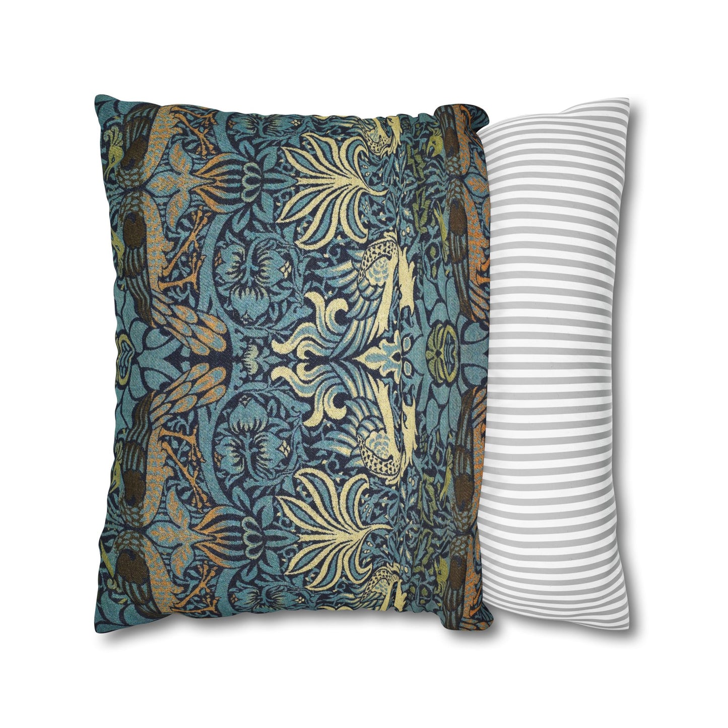 Two pillows, one with a floral pattern and the other with a striped pattern, on a white background.