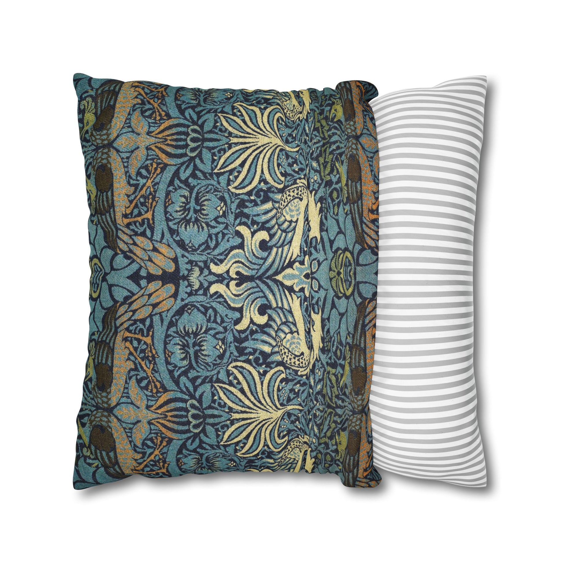Two pillows, one with a floral pattern and the other with a striped pattern, on a white background.