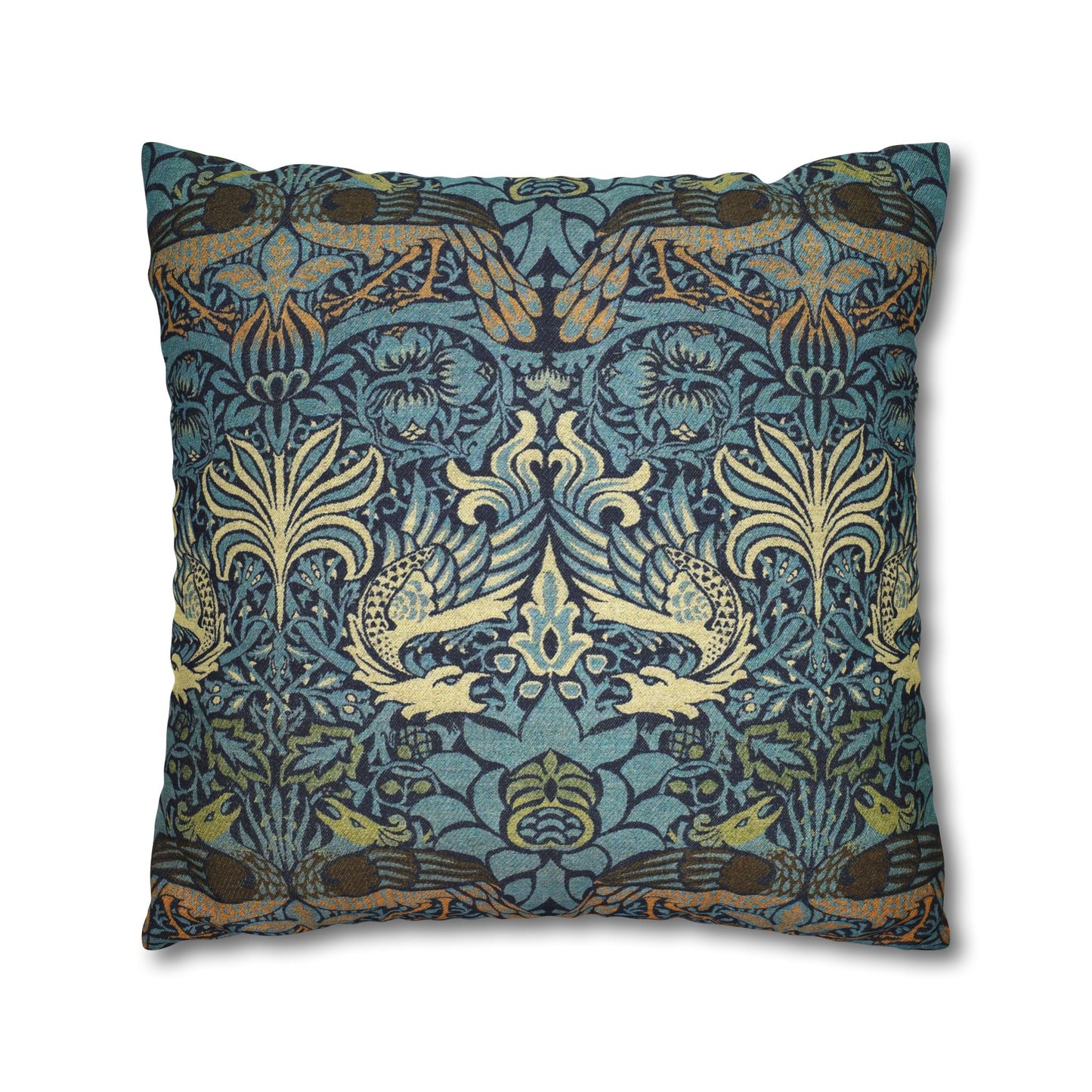 Decorative pillow with intricate blue and gold pattern on a white background