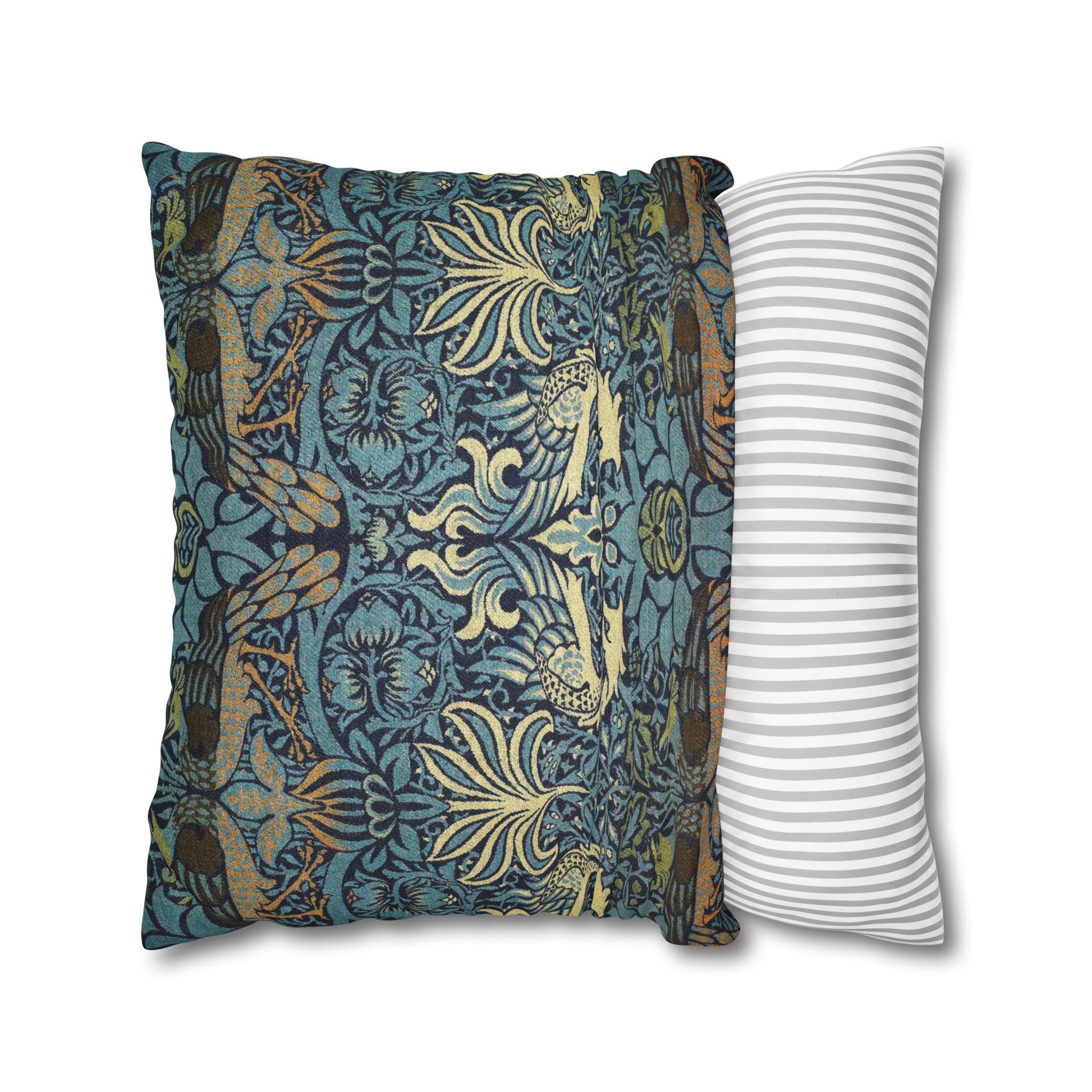 Two pillows, one with a floral pattern and the other with a striped pattern, on a white background.