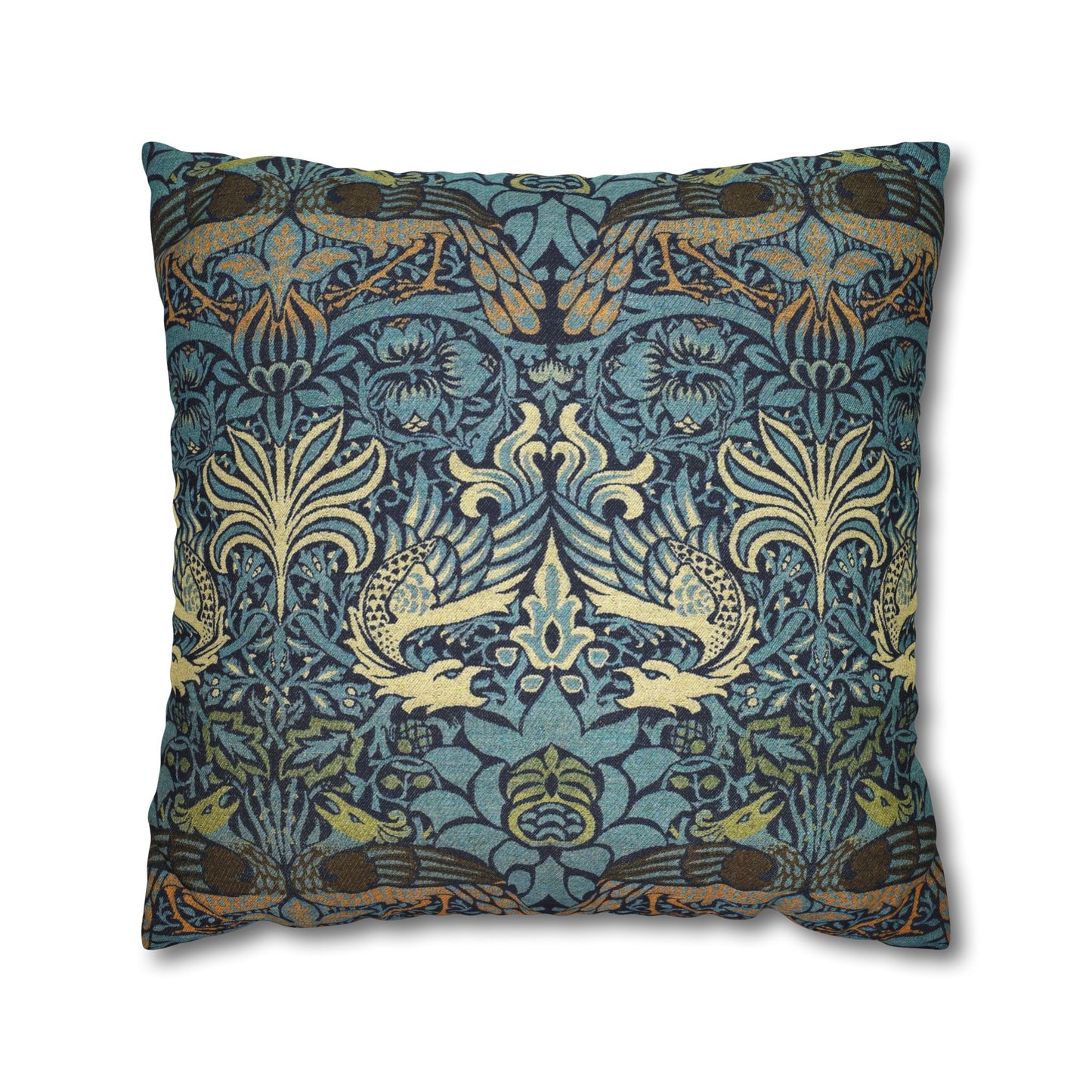 Decorative pillow with intricate blue and gold pattern on a white background