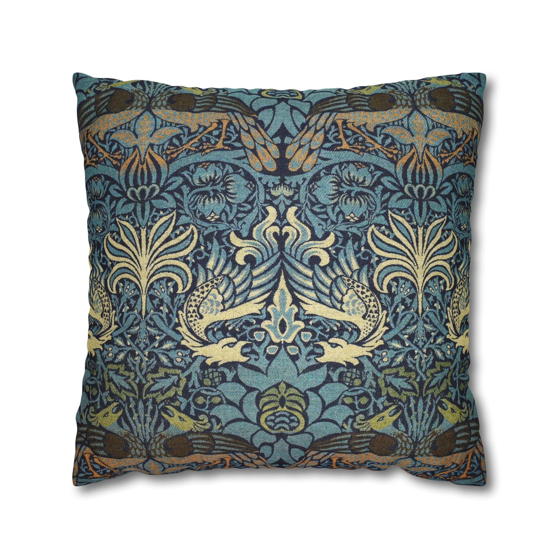 Decorative pillow with intricate blue and gold pattern on a white background