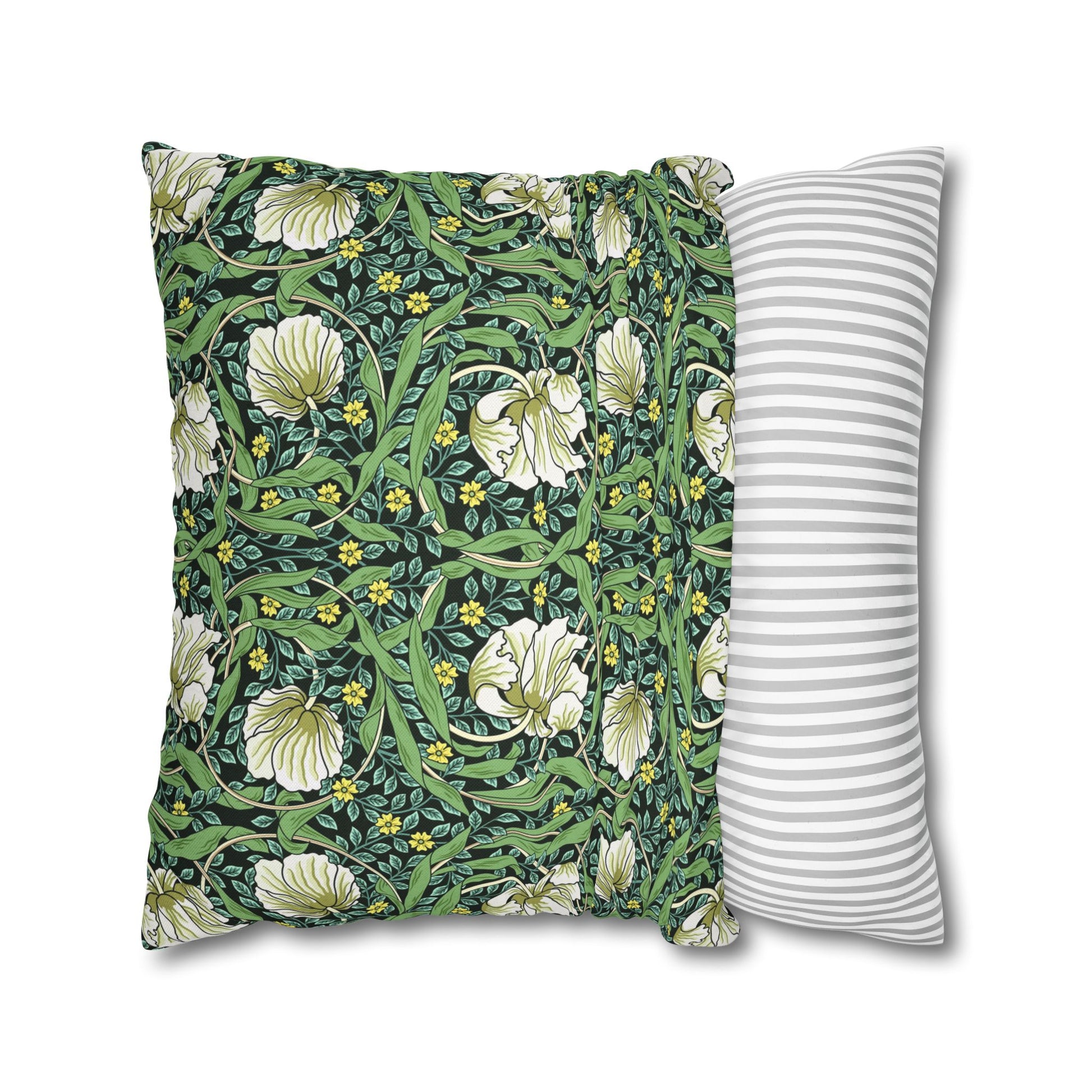 Two pillows, one with a floral pattern and the other with a striped pattern, on a white background.