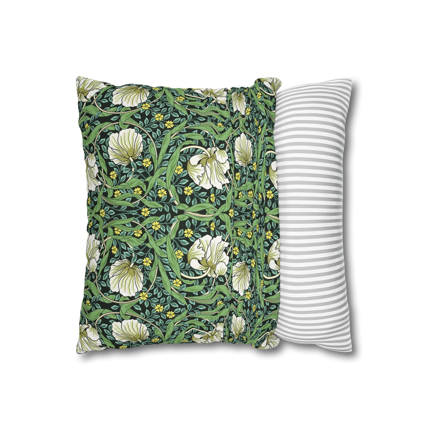 Two pillows, one with a floral pattern and the other with a striped pattern, on a white background.