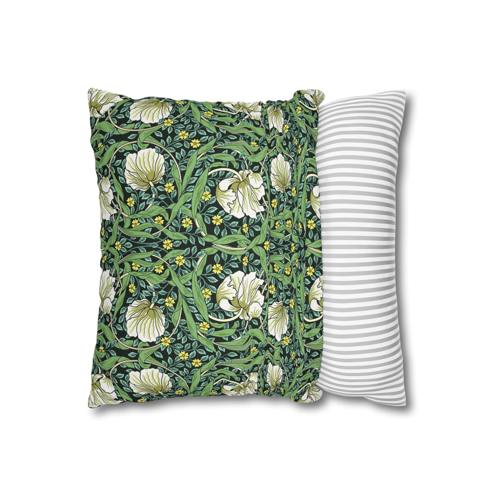 Two pillows, one with a floral pattern and the other with a striped pattern, on a white background.