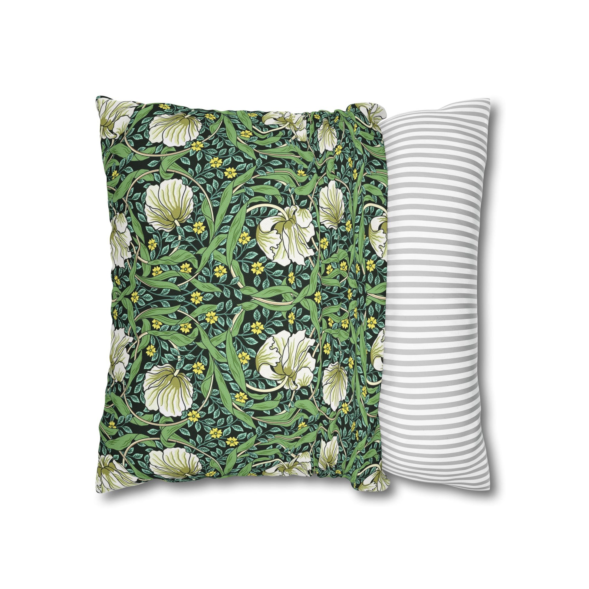 Floral-patterned pillow and a striped pillow on a white background