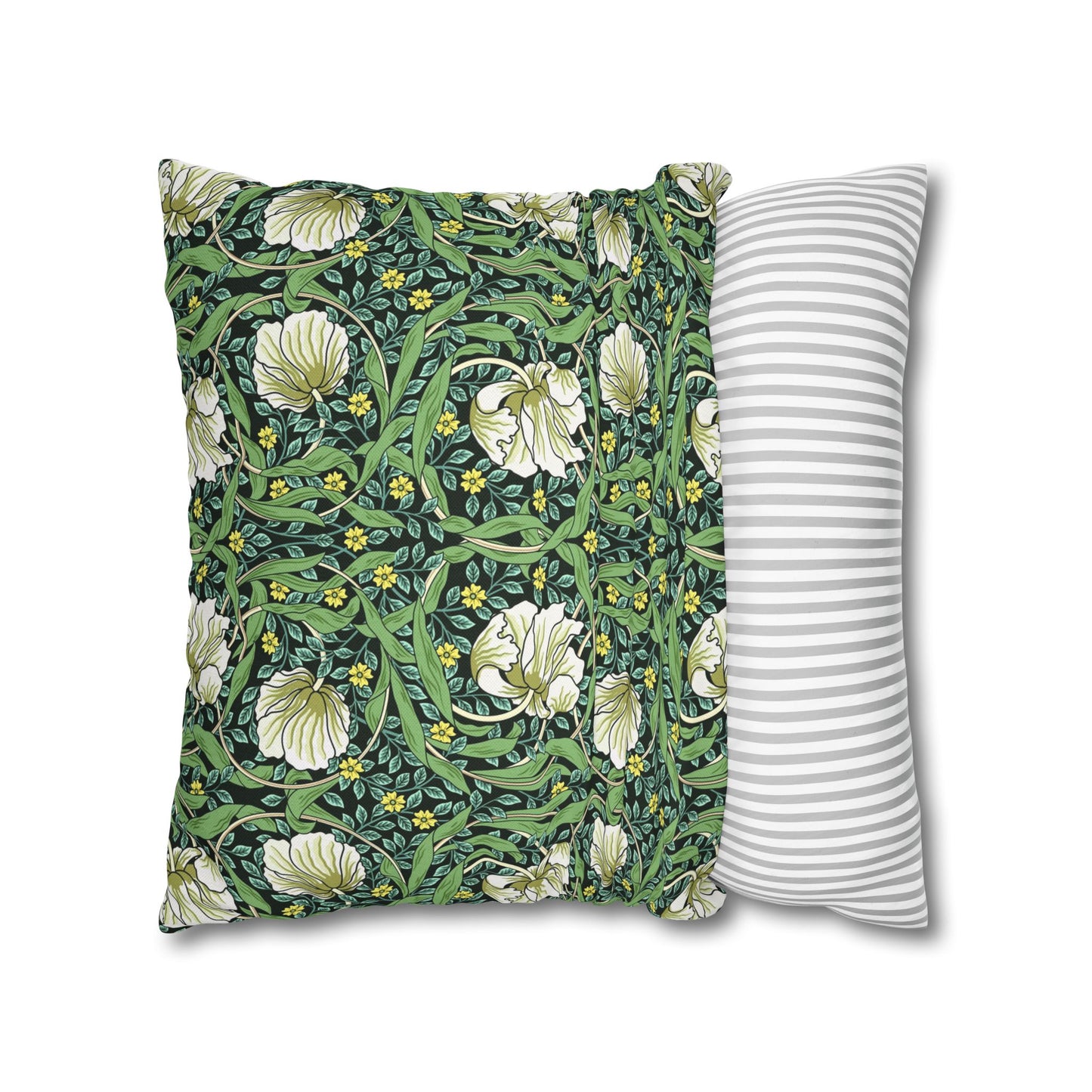 Two pillows, one with a floral pattern and the other with a striped pattern, on a white background.