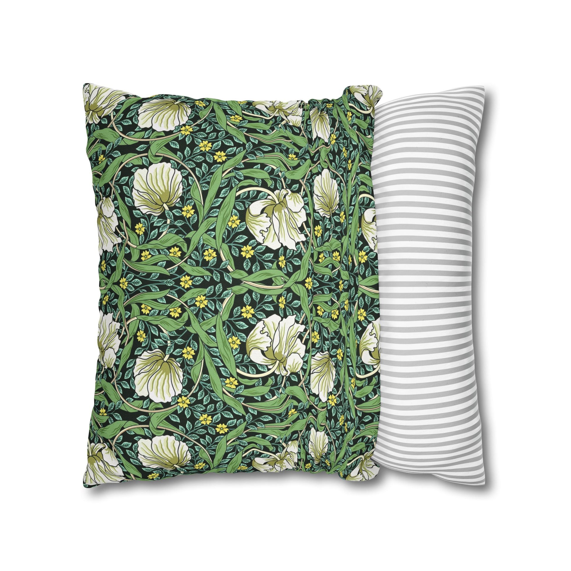Two pillows, one with a floral pattern and the other with a striped pattern, on a white background.