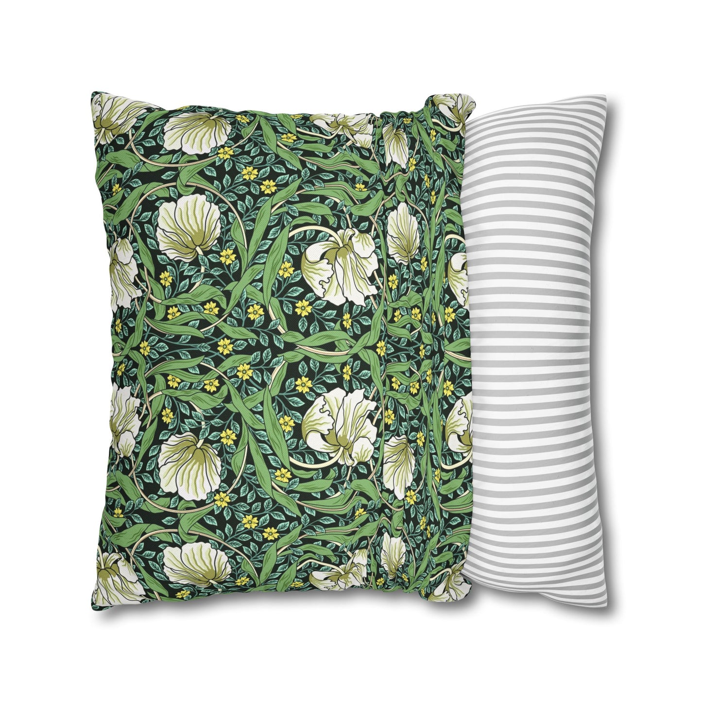 Two pillows, one with a floral pattern and the other with a striped pattern, on a white background.