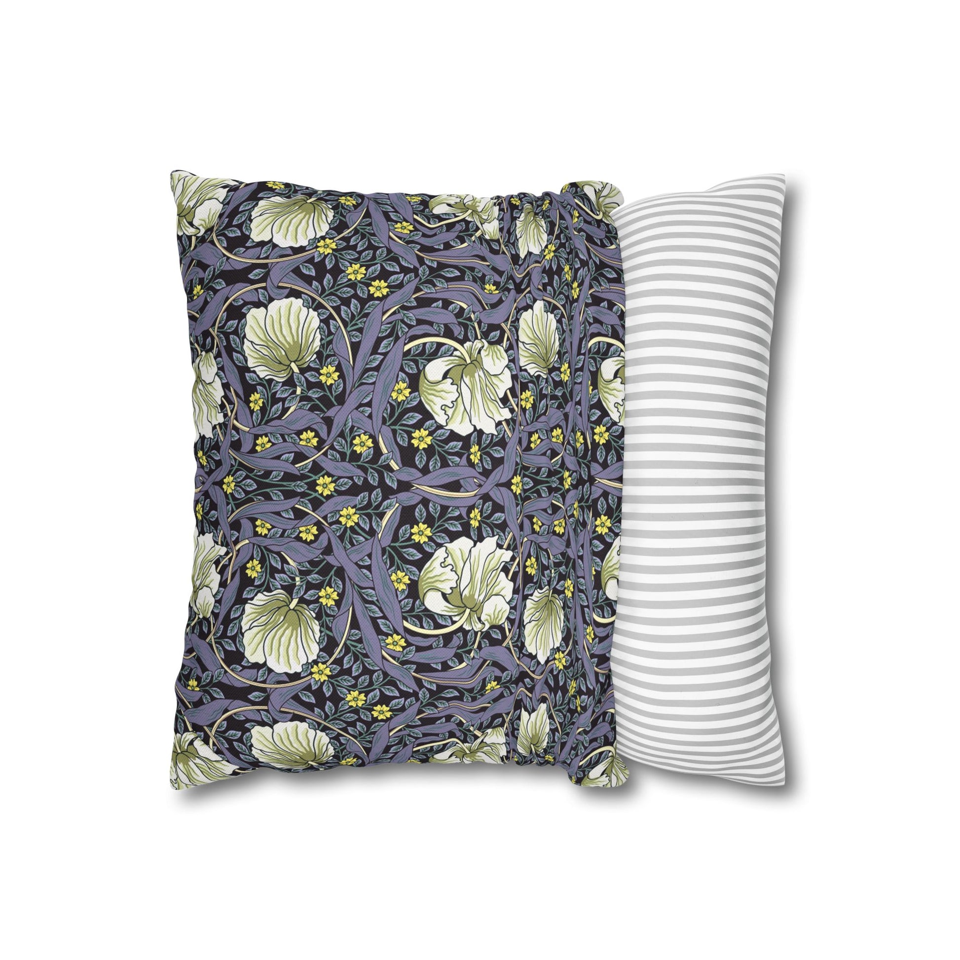 Floral-patterned pillow and a striped pillow on a white background
