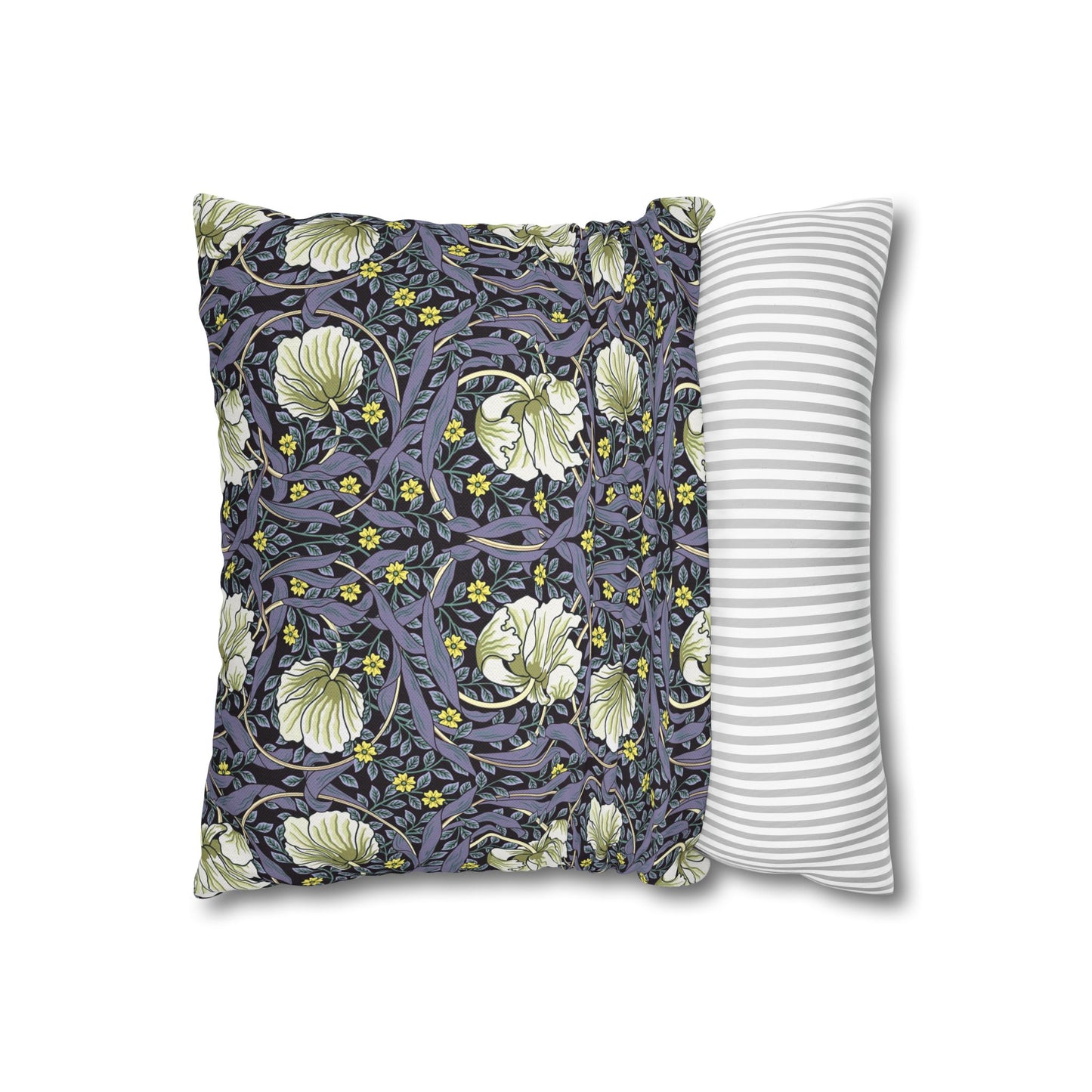 Two pillows, one with floral pattern and one with stripes, on a white background