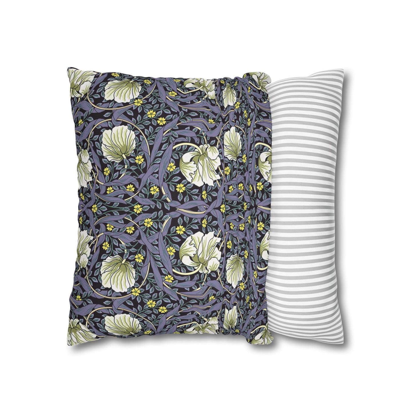 Two pillows, one with floral pattern and one with stripes, on a white background