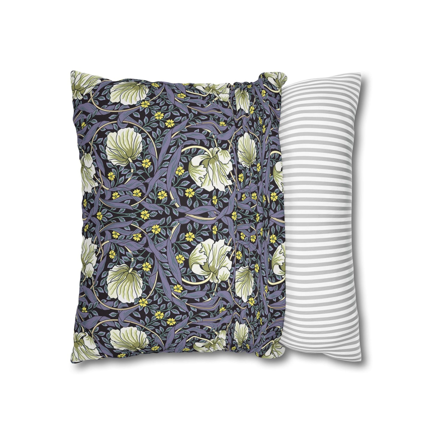 Floral-patterned pillow and a striped pillow on a white background