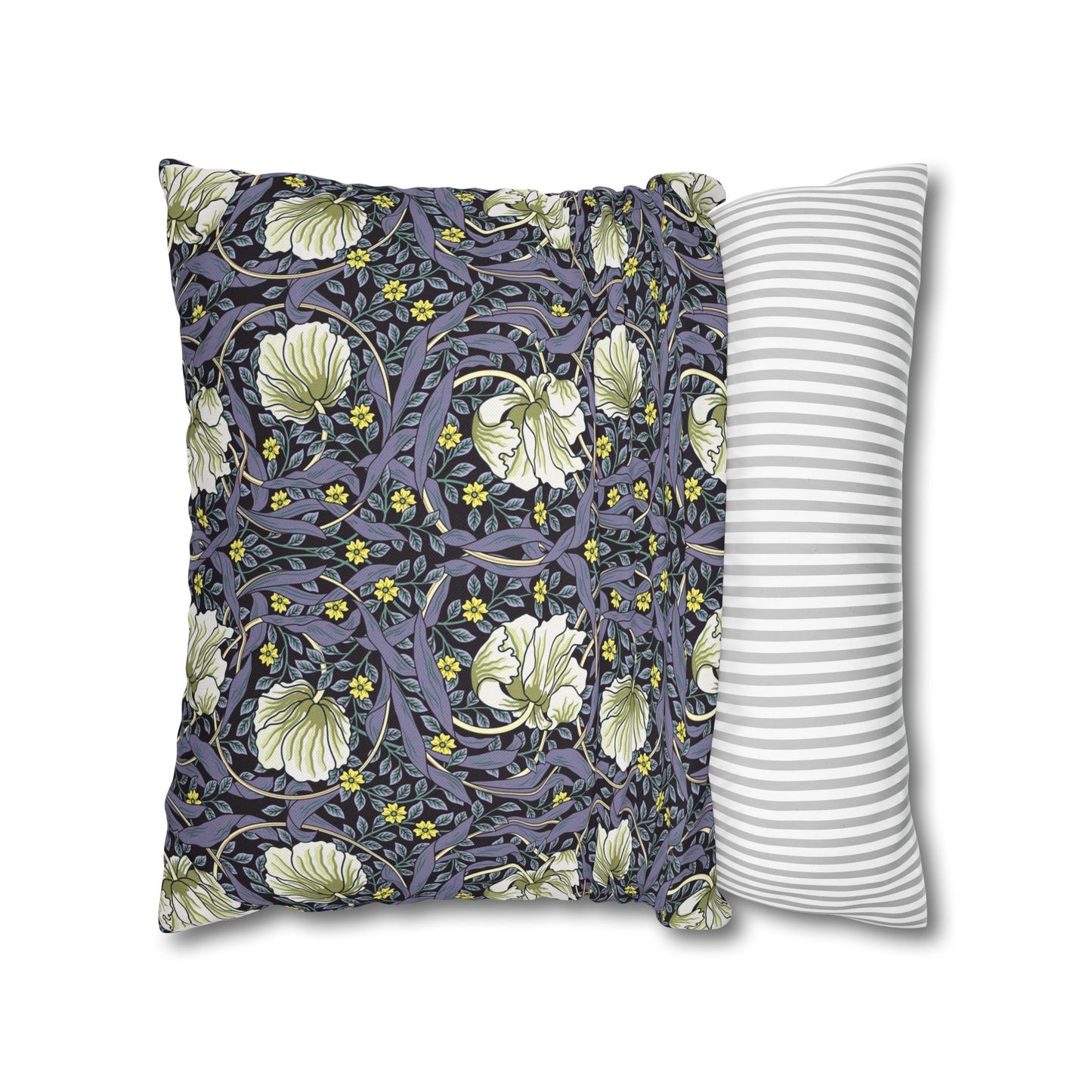 Floral-patterned pillow and a striped pillow on a white background