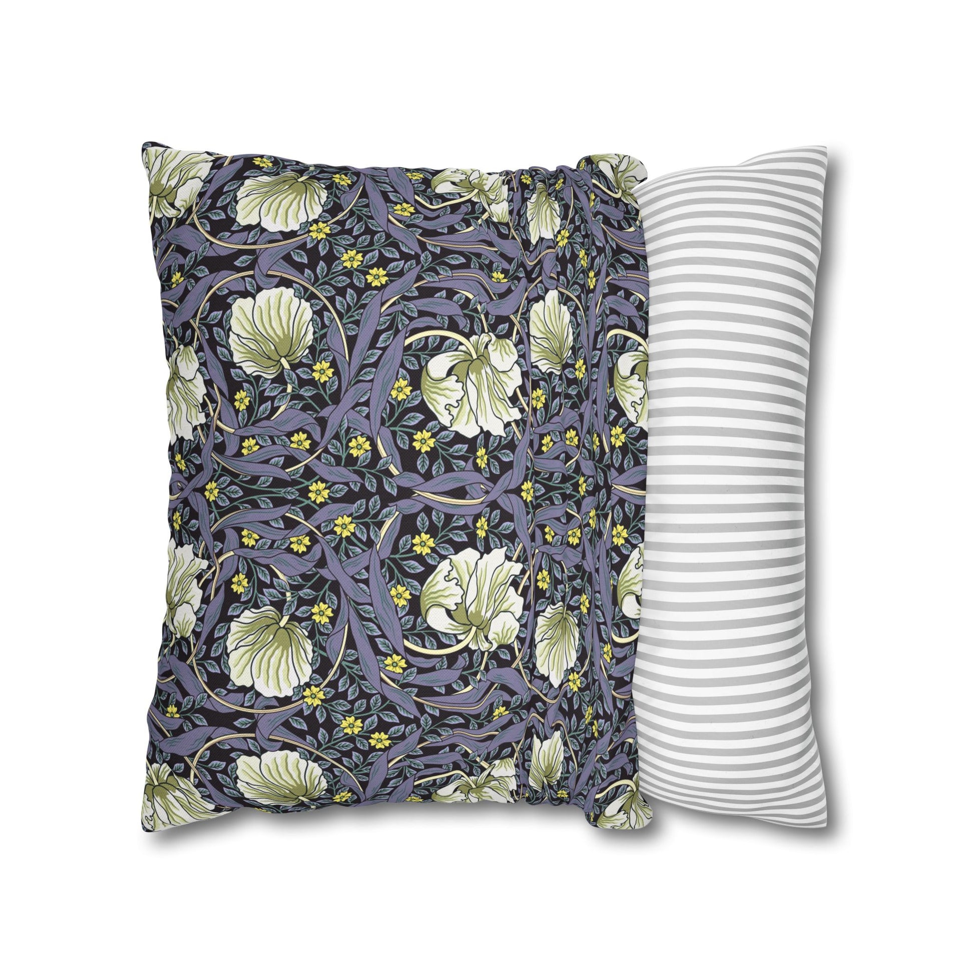 Floral-patterned pillow and a striped pillow on a white background