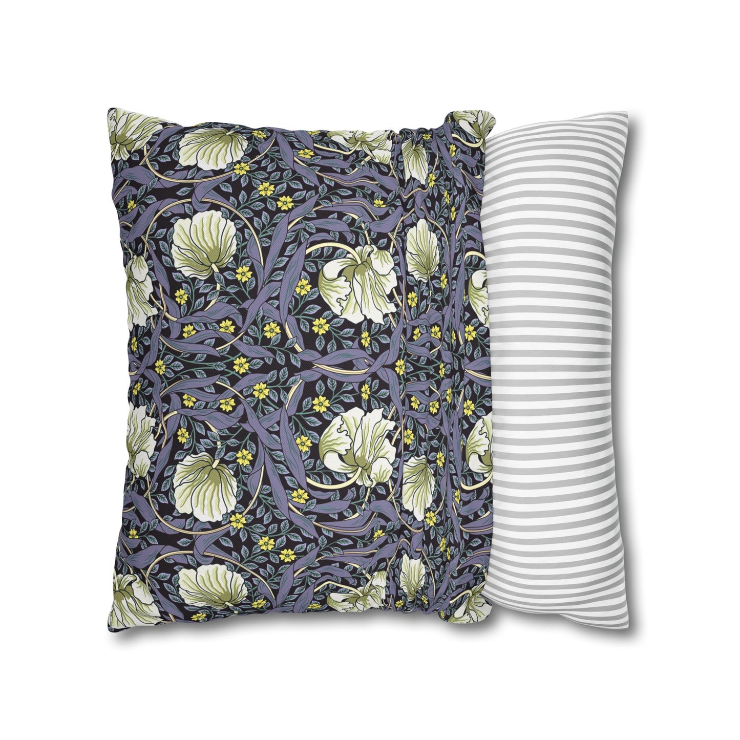 Two pillows, one with floral pattern and one with stripes, on a white background