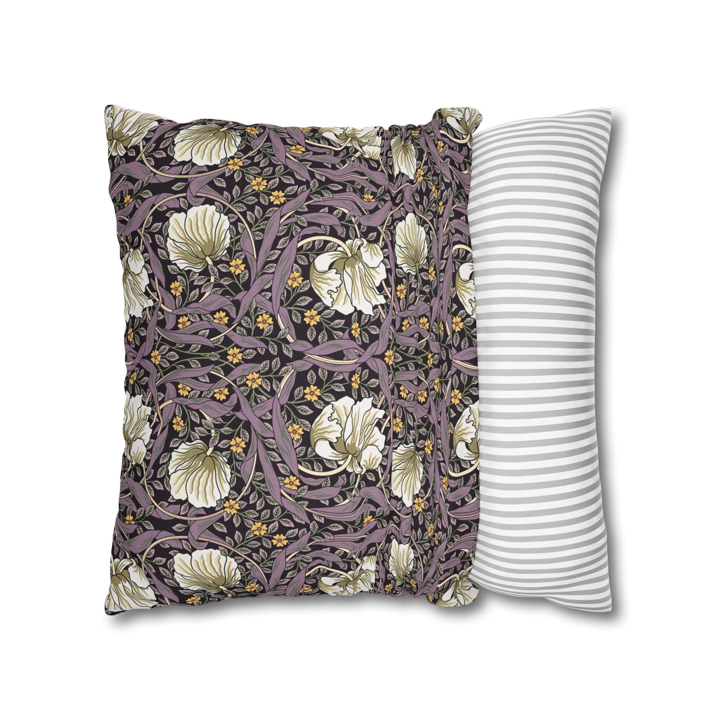 Two pillows, one with floral pattern and one with stripes, on a white background