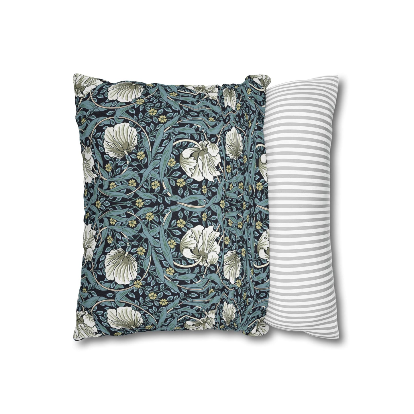 Floral-patterned pillow and a striped pillow on a white background