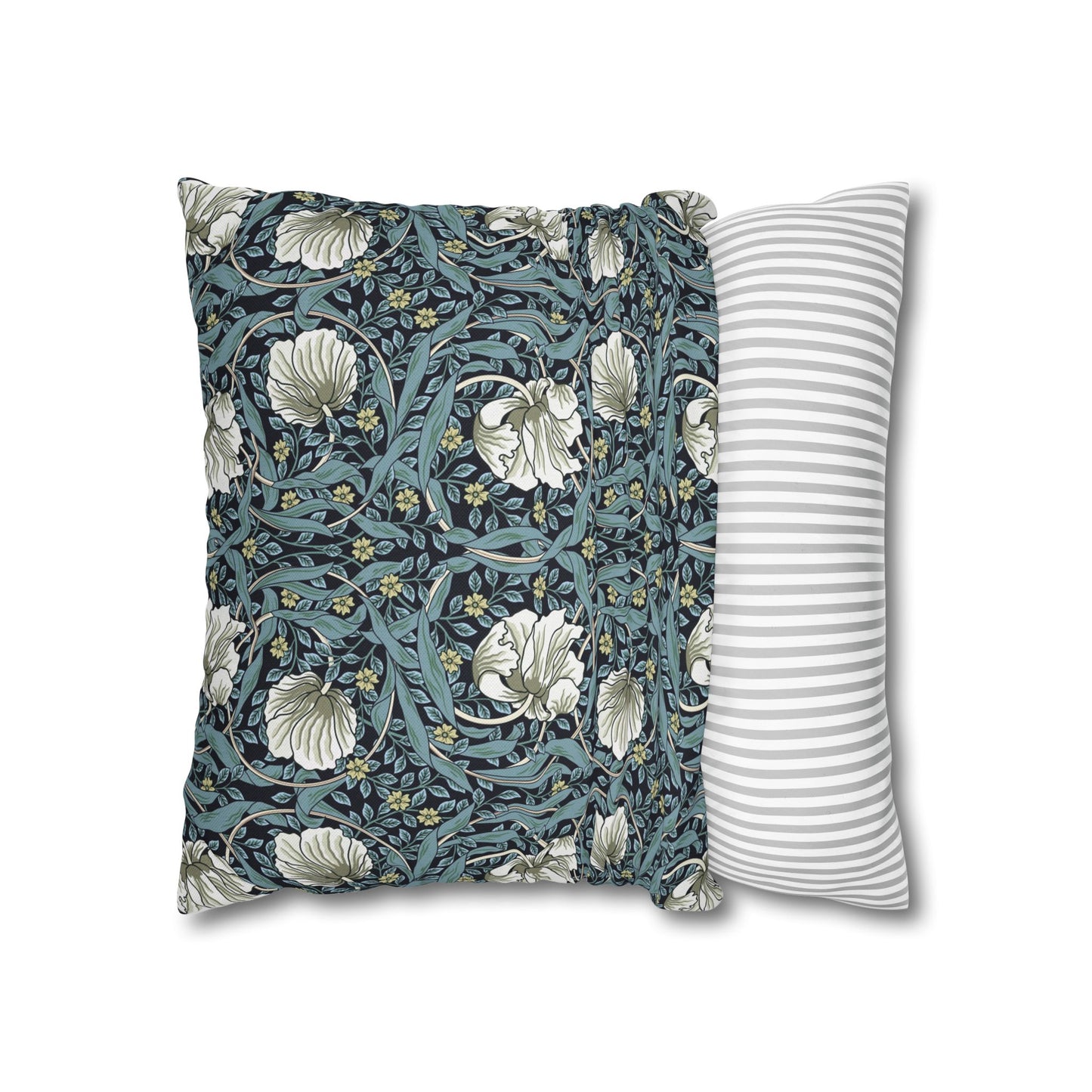 Floral-patterned pillow and a striped pillow on a white background