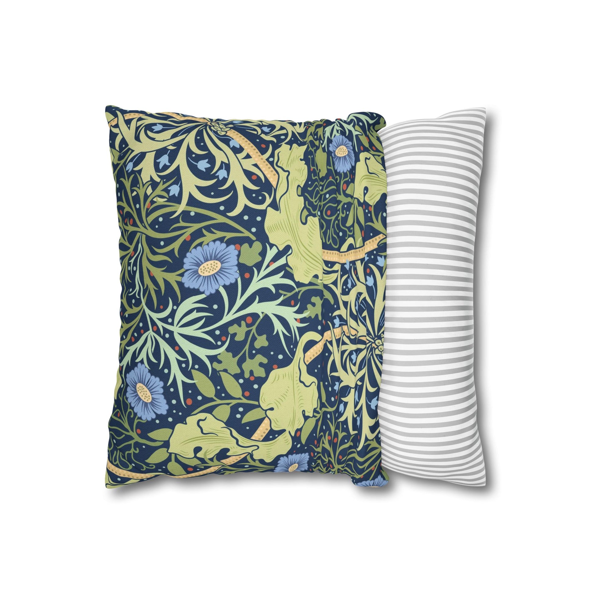 Two pillows, one with a floral pattern and the other with a striped pattern, on a white background.
