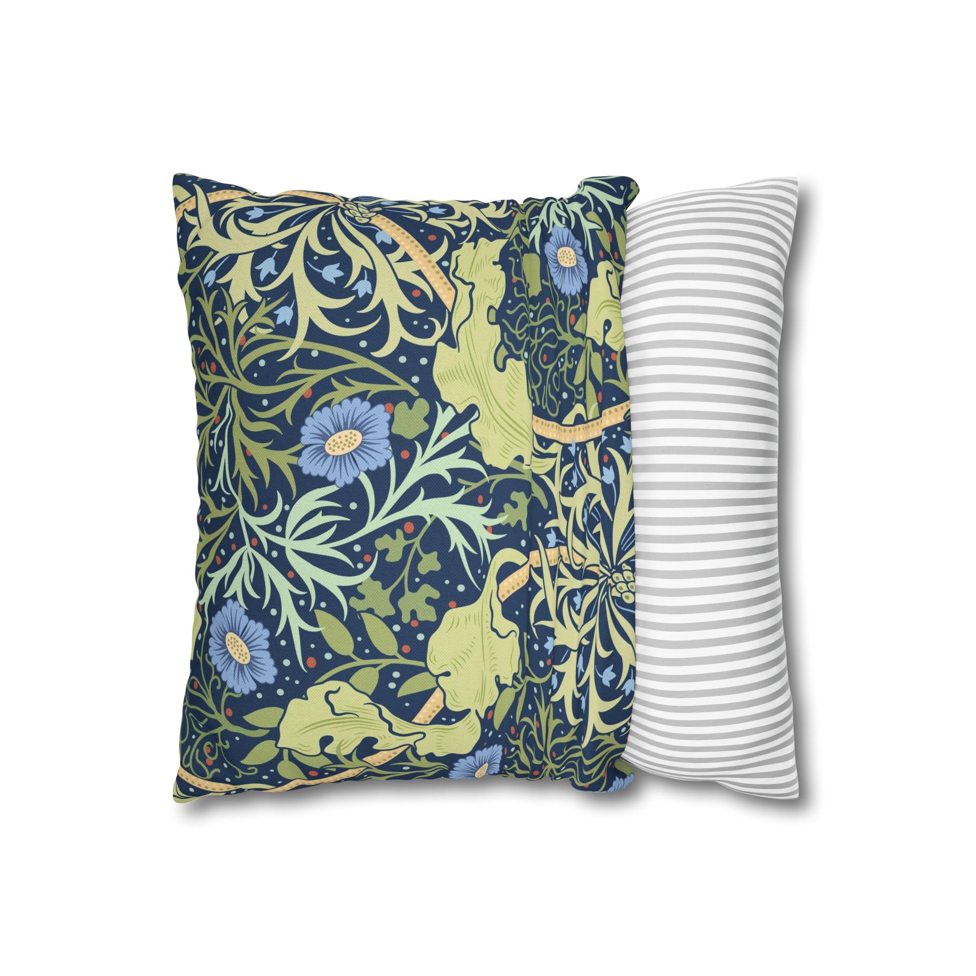 Two pillows, one with a floral pattern and the other with a striped pattern, on a white background.