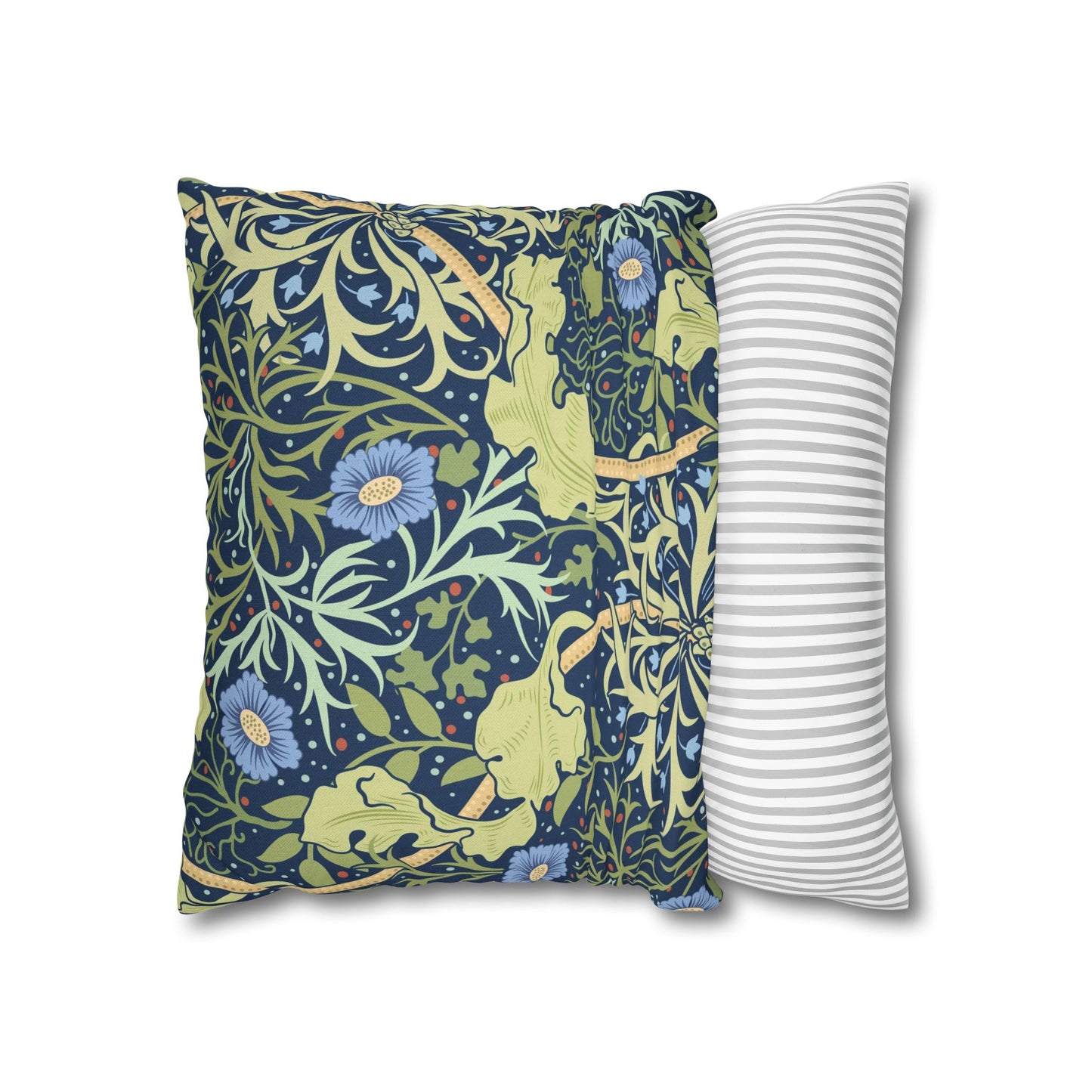 Two pillows, one with a floral pattern and the other with a striped pattern, on a white background.