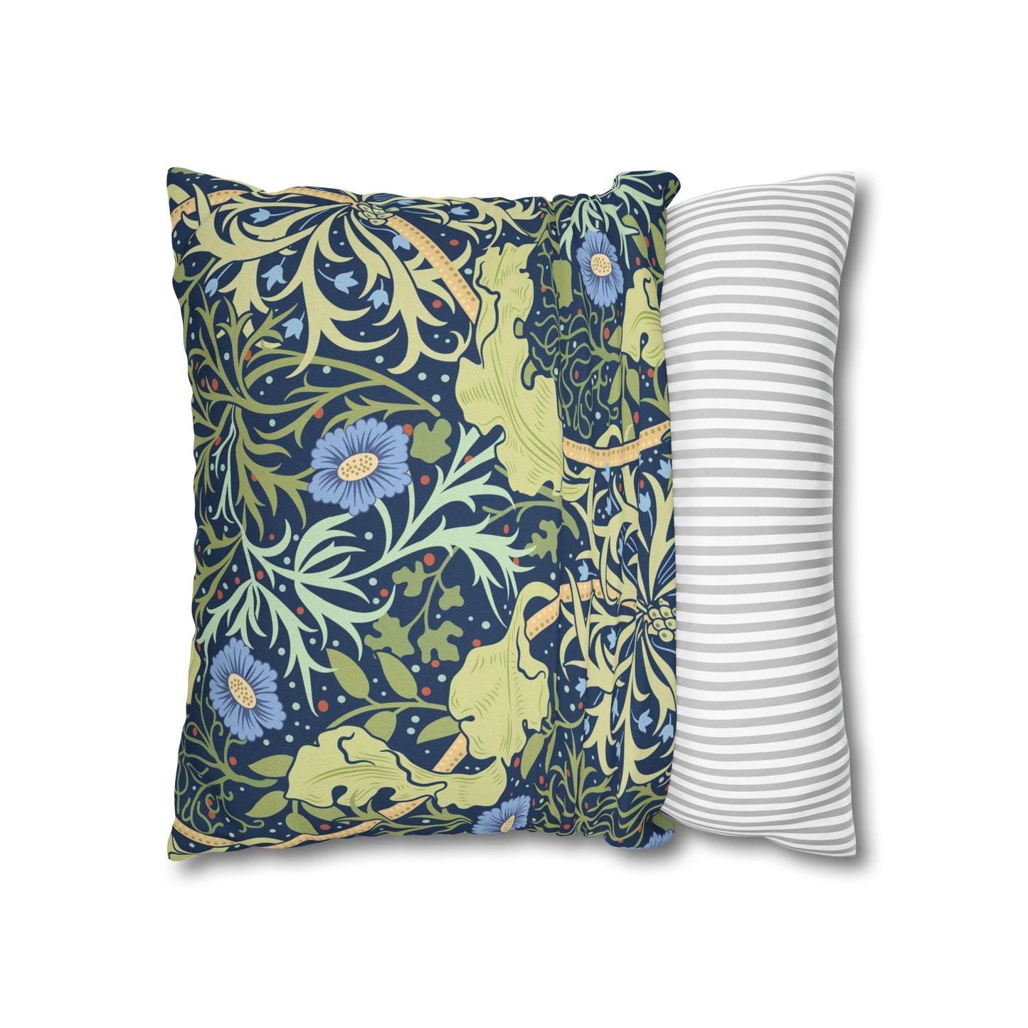 Decorative pillow with floral pattern and a plain striped pillow on a white background