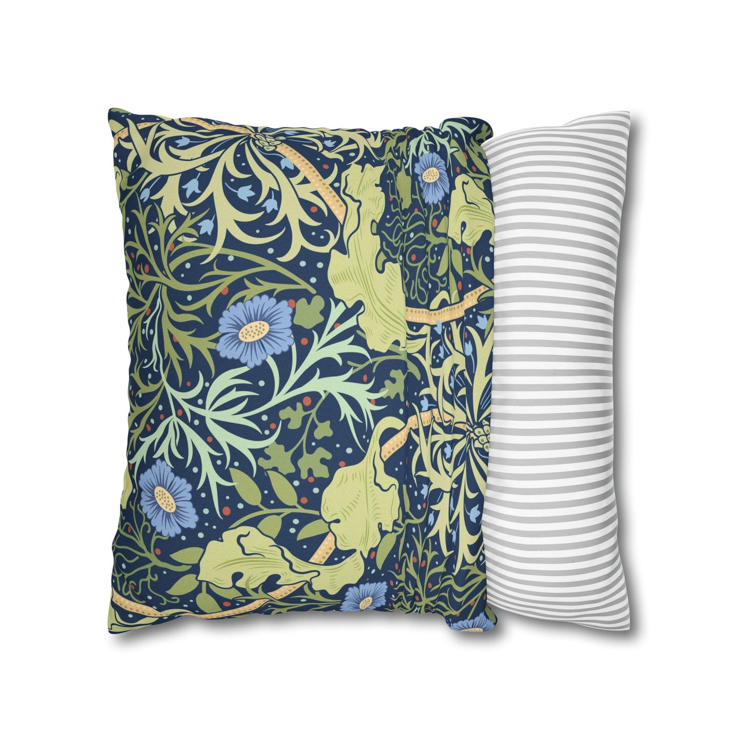 Two pillows, one with a floral pattern and the other with a striped pattern, on a white background.