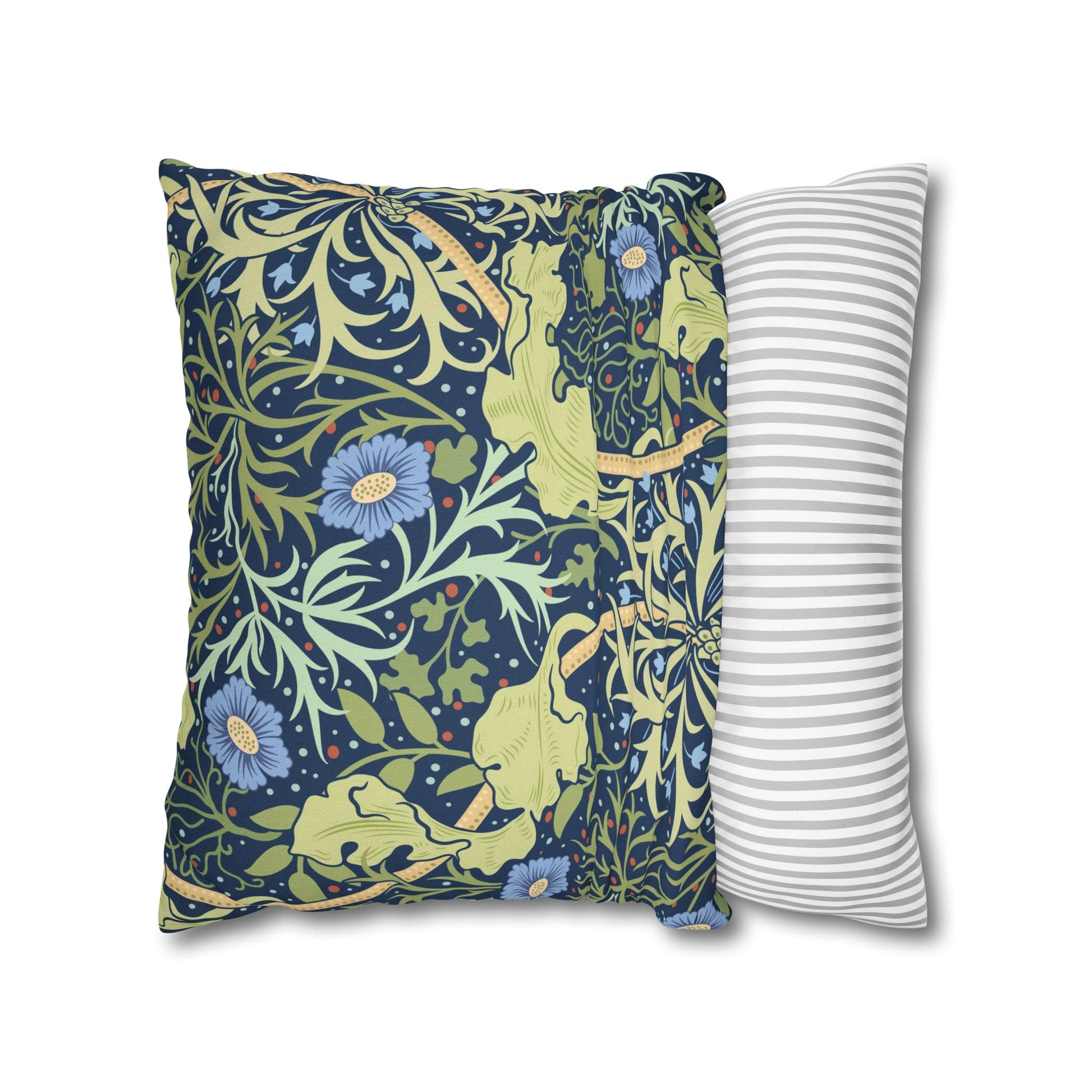 Two pillows, one with a floral pattern and the other with a striped pattern, on a white background.